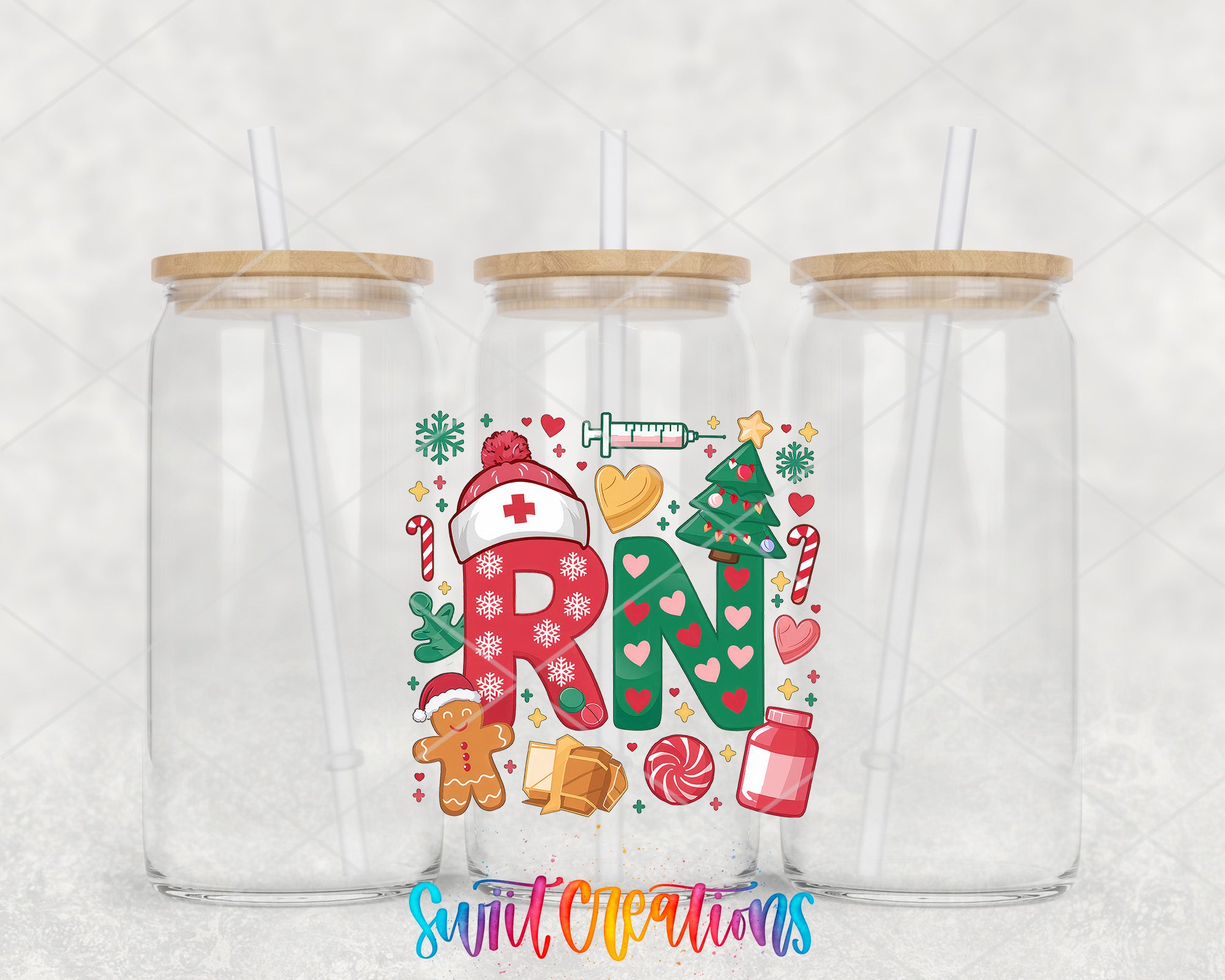 two clear tumblers with christmas designs on them
