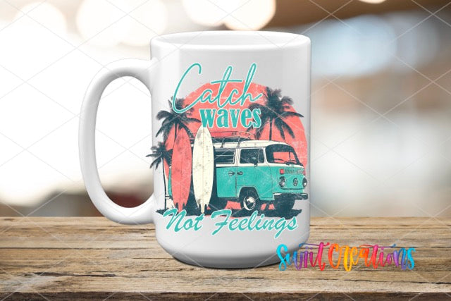 a coffee mug with a van and surfboard on it