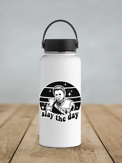 Slay the Day sticker on a white insulated water bottle