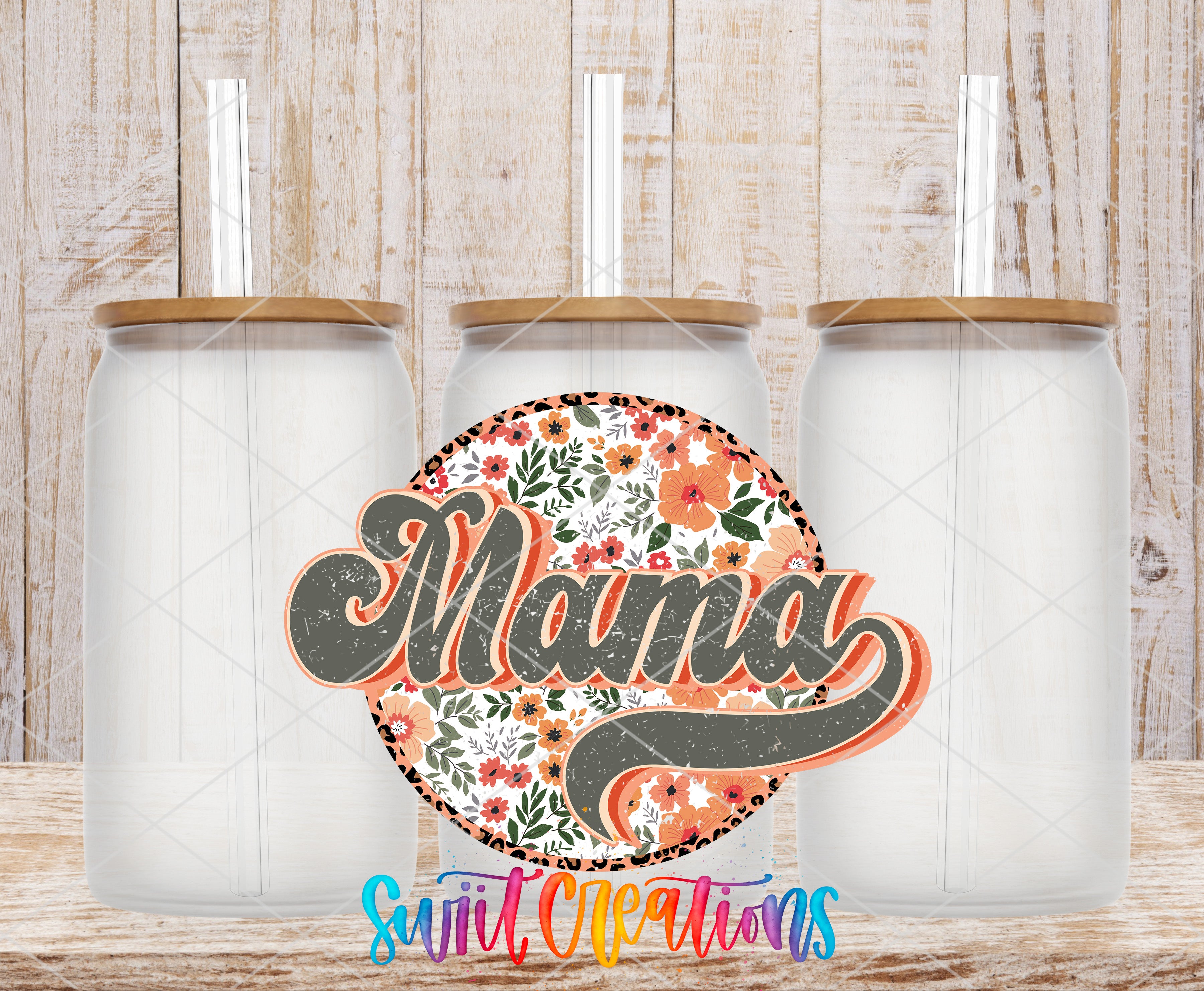 A collage of three glass jars with wooden lids, each containing a straw, set against a wooden background. The jars are arranged in a row, and the word "Mama" is prominently displayed in the center of the image.