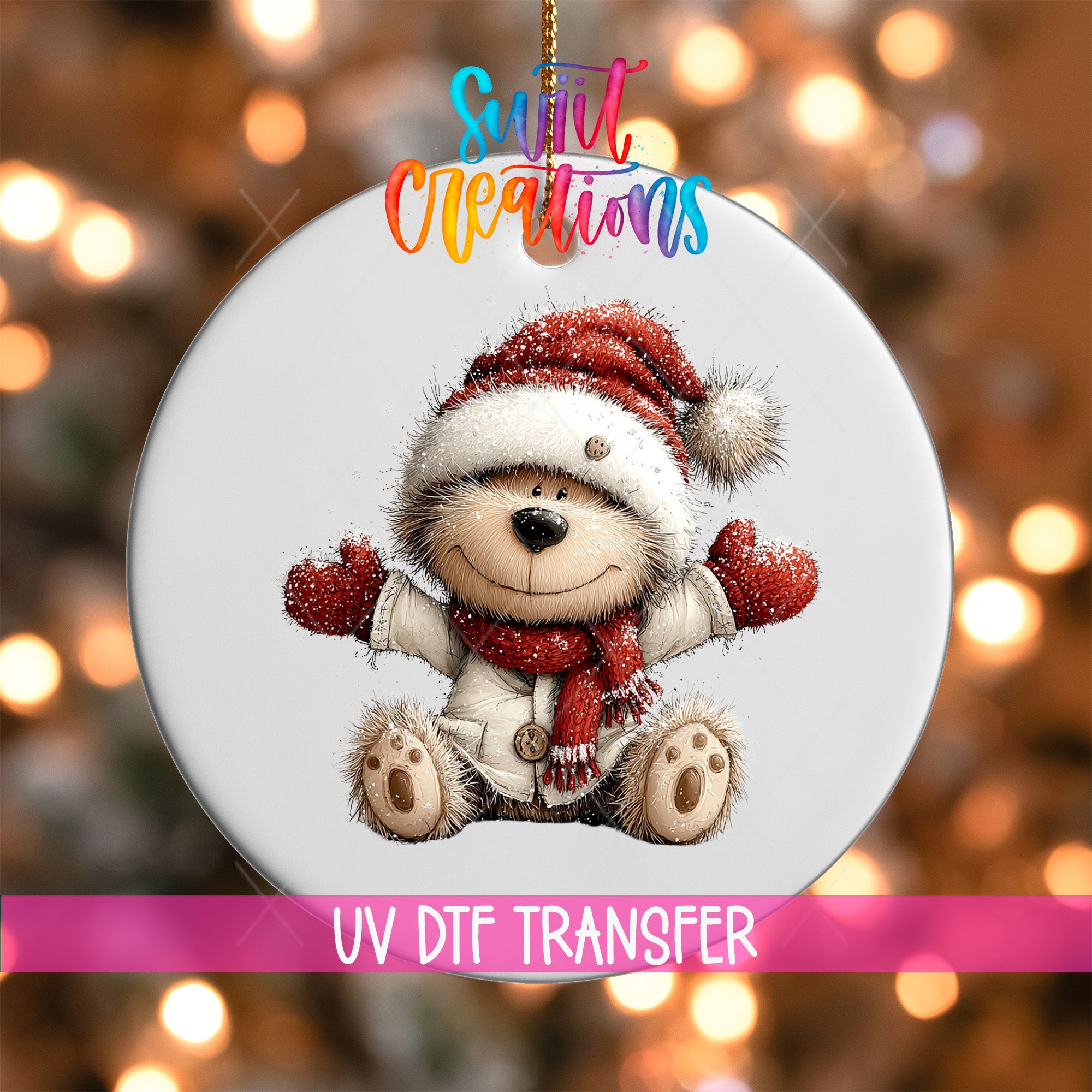 A white ornament with a smiling teddy bear wearing a Santa hat and scarf, set against a background of colorful lights.