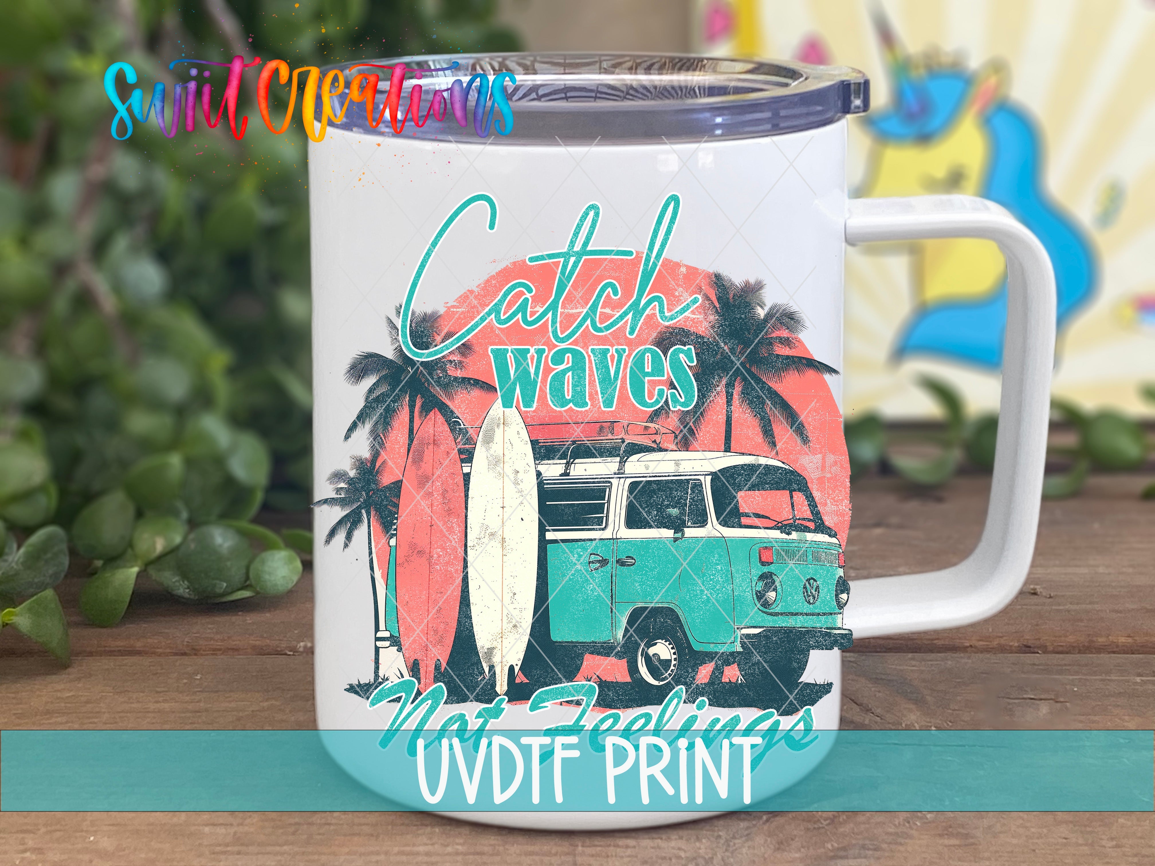 a white and blue camper van with a surfboard on it