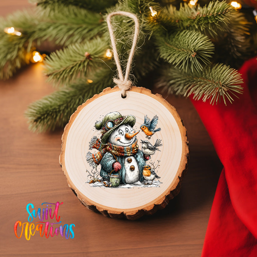 A wooden ornament featuring a snowman with a bird perched on its head, surrounded by pine branches and twinkling lights.
