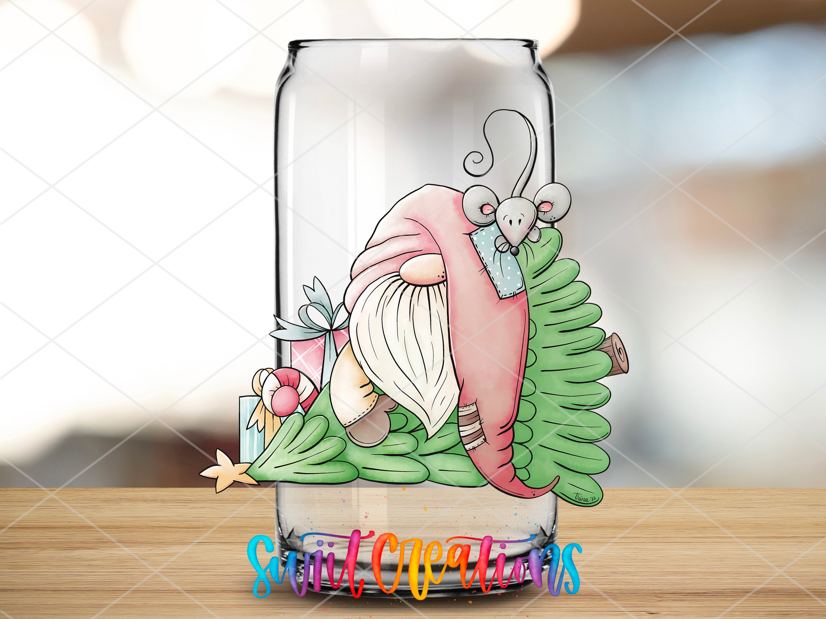 a glass with a picture of a gnome in it