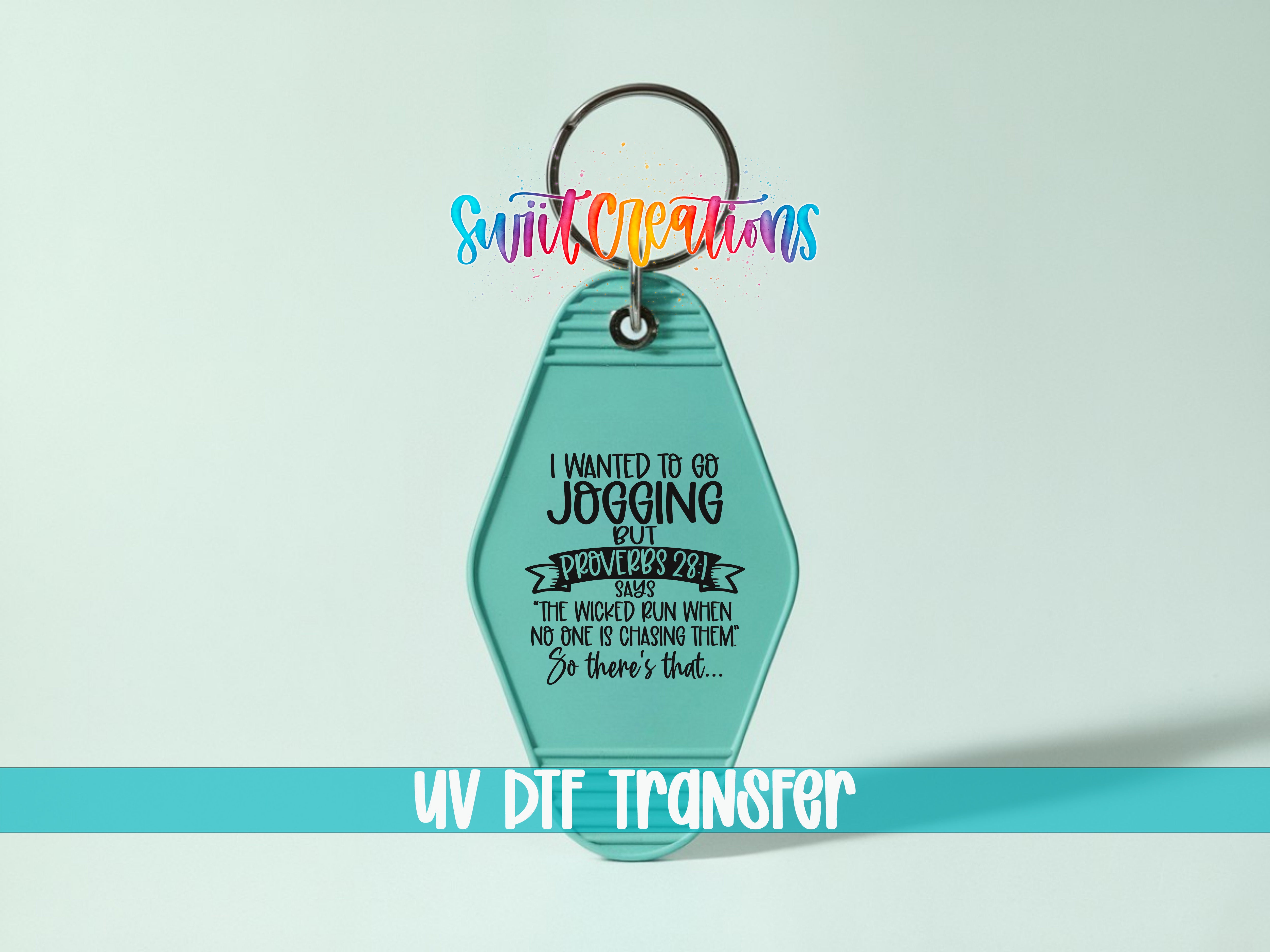A keychain with a humorous text message on it, which reads "I WANTED TO GO JOGGING, PROVENLY 29 times, THE WITCH RUN WHEN NO ONE IS CHOSEN TO ME, So there's that...".