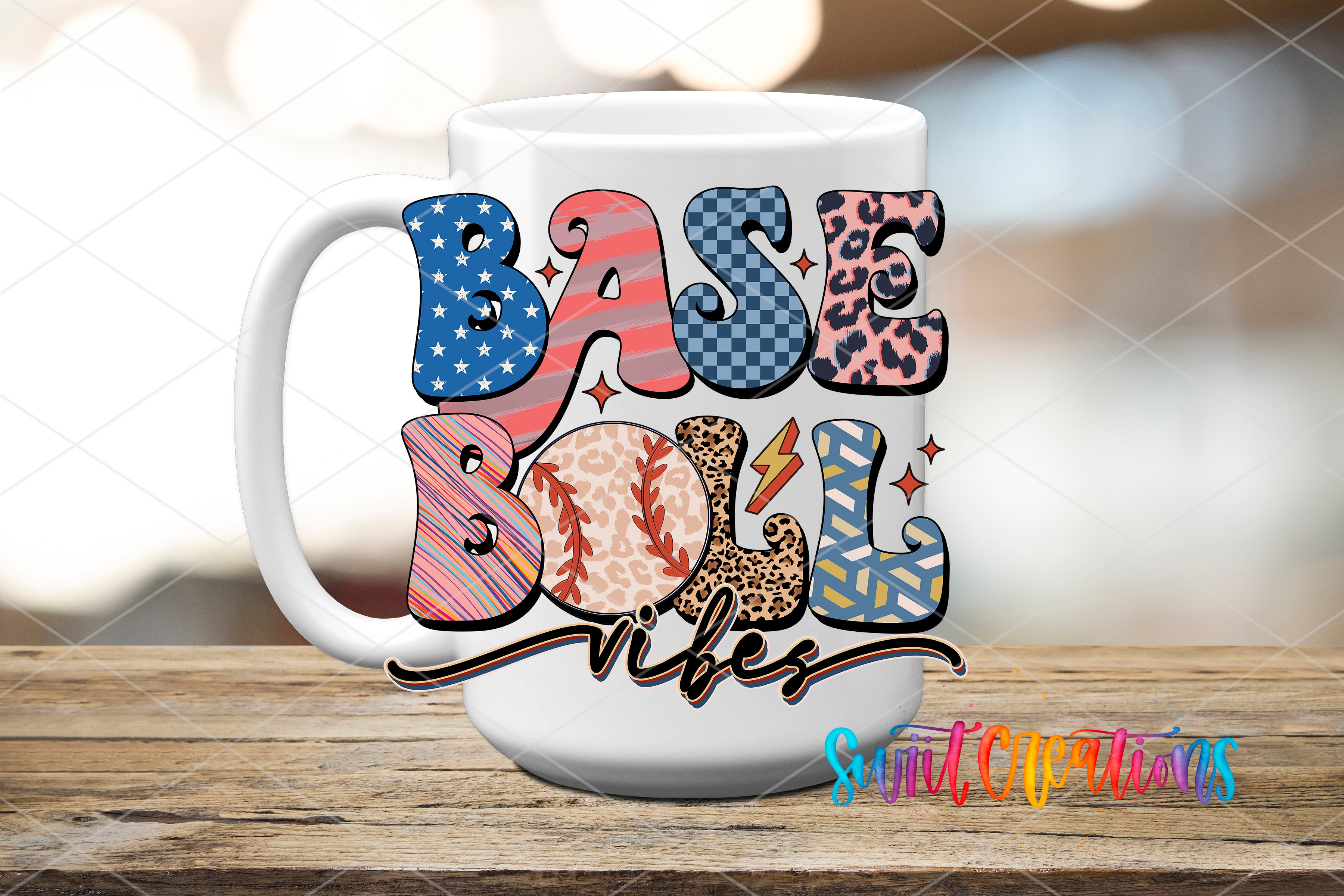 A white mug with the text "BASE BALL NIBES" printed on it, along with various colorful and abstract designs.