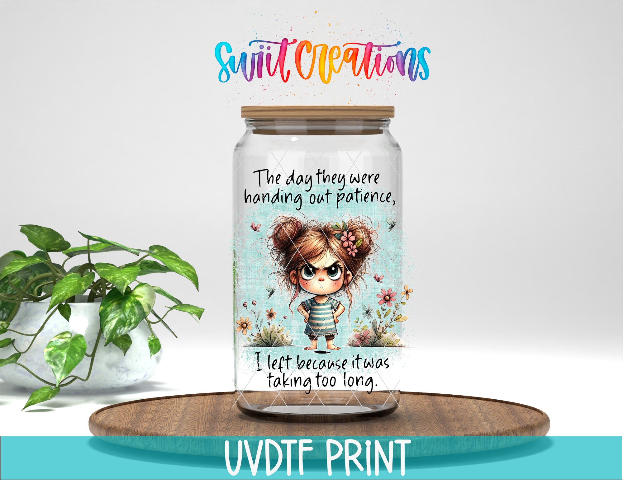 a glass jar with a cartoon girl on it, placed on a wooden surface. The jar has a label with text and an illustration of the girl.