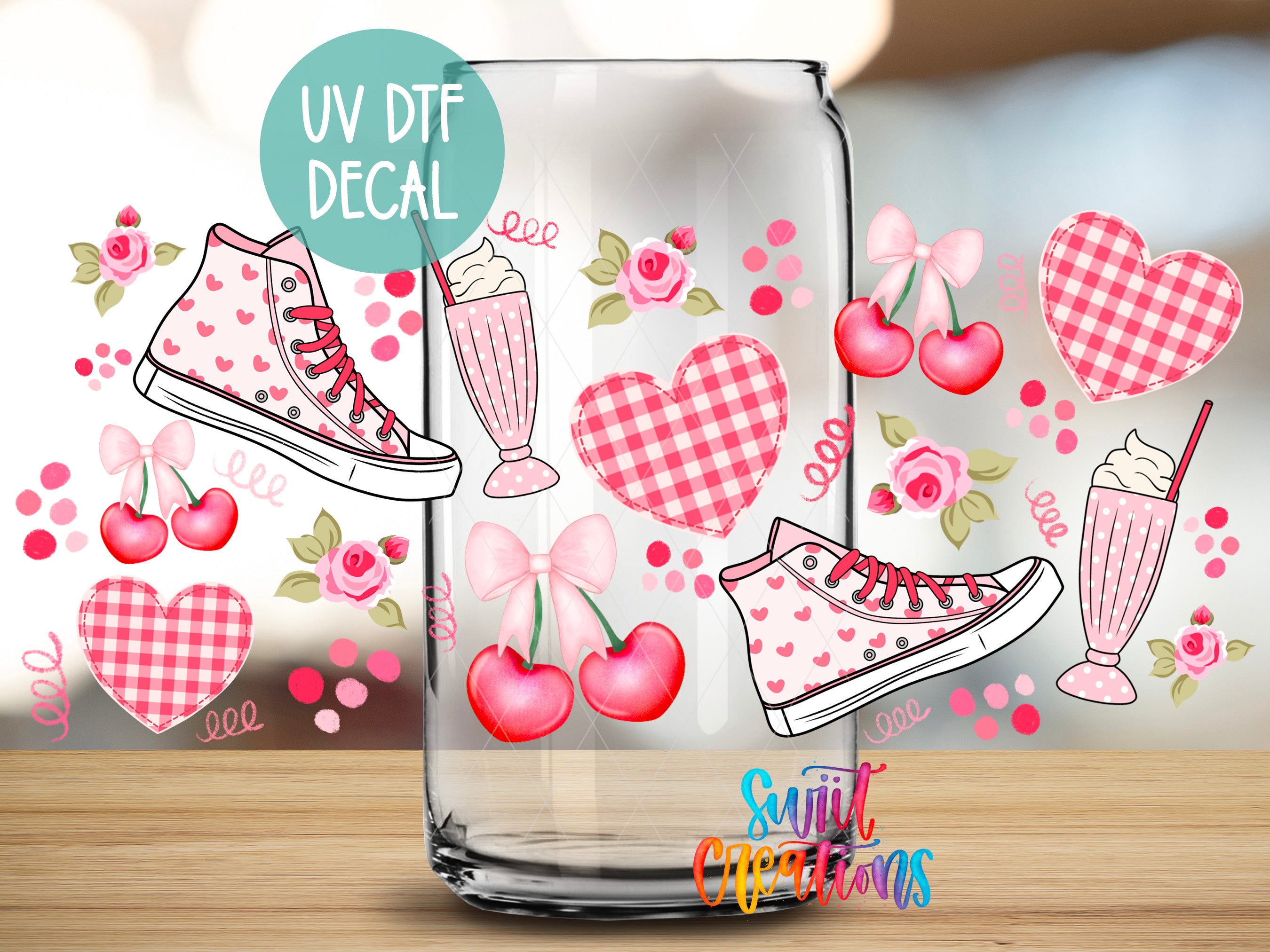 a glass with a picture of a pair of shoes and cherries