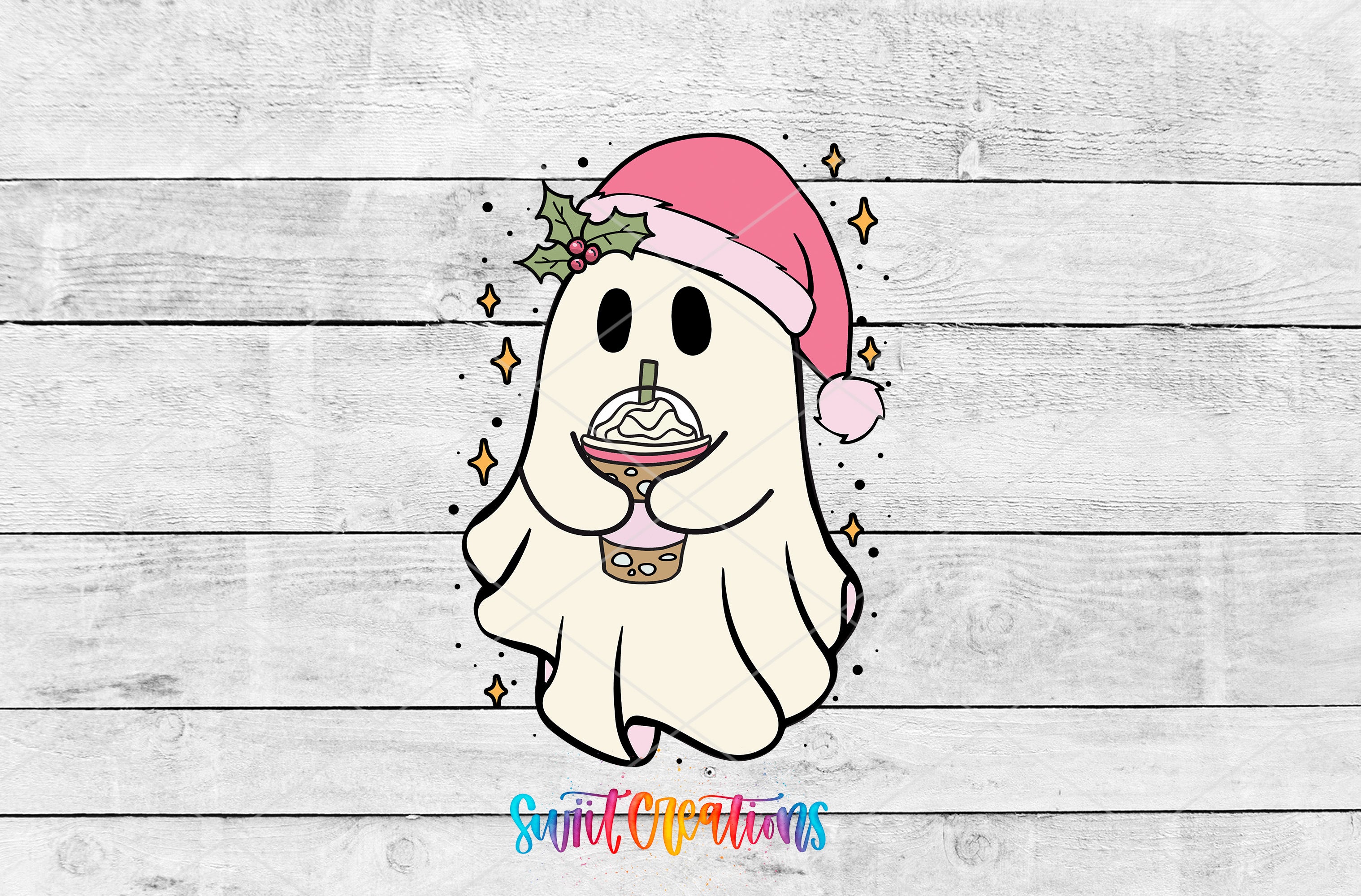 a white ghost with a pink hat on