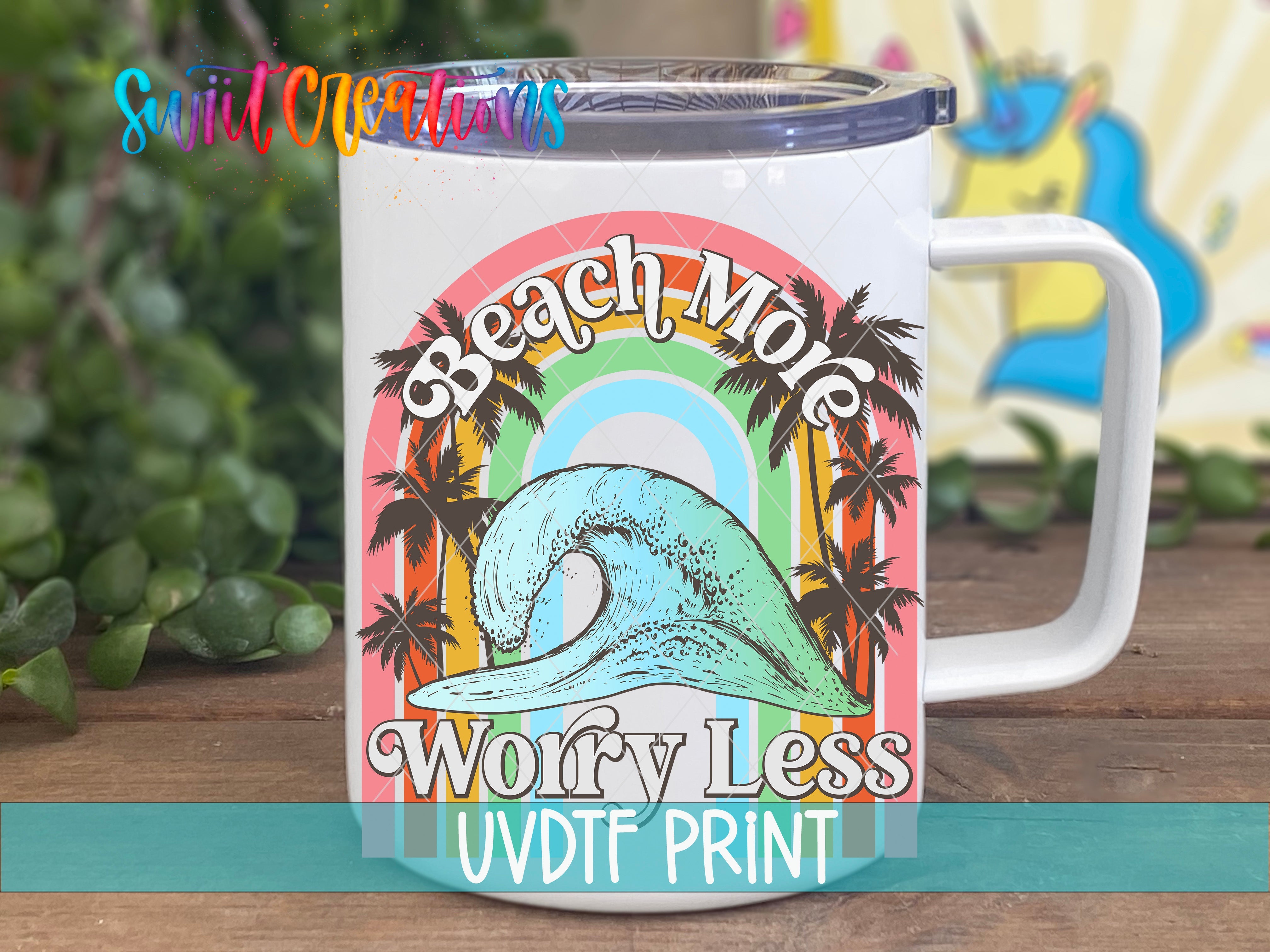 a white coffee mug with the words beach time worry less on it