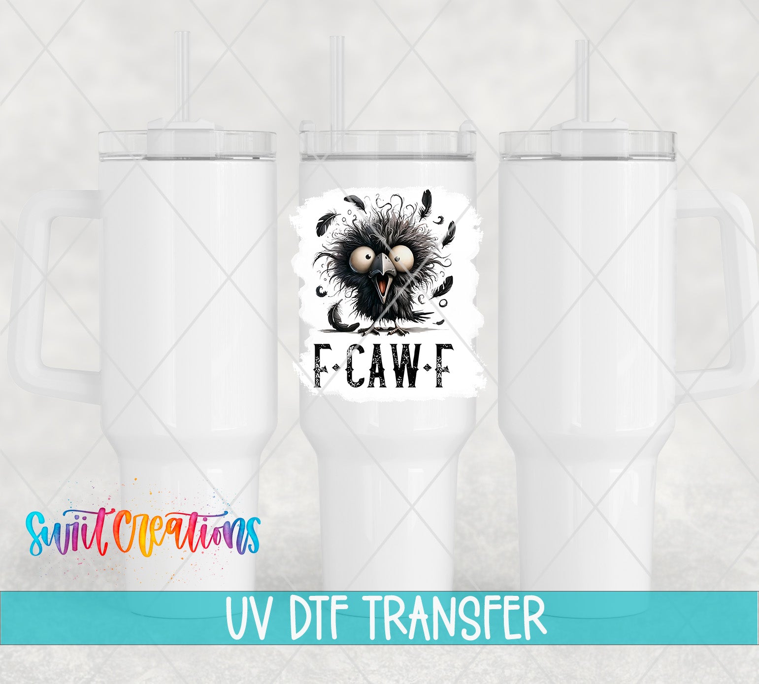 three white tumblers with a graphic design on the center of each one, including a bird with a fierce expression. The text "UV Dtf Transfer" is displayed below the image.