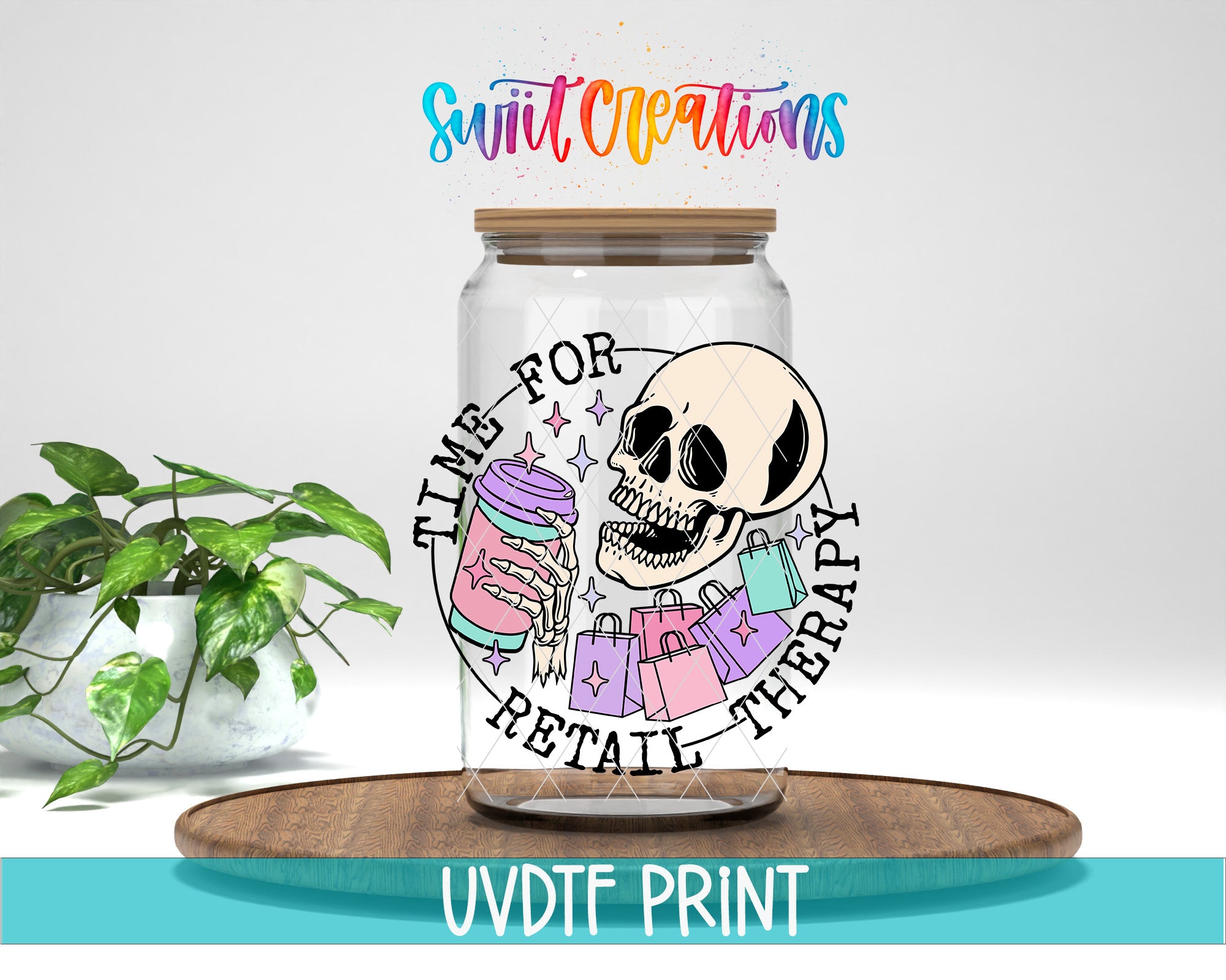 A glass jar with a skeleton and shopping bags, along with the text "Time for retail therapy" and "Swift Creations" written above it.