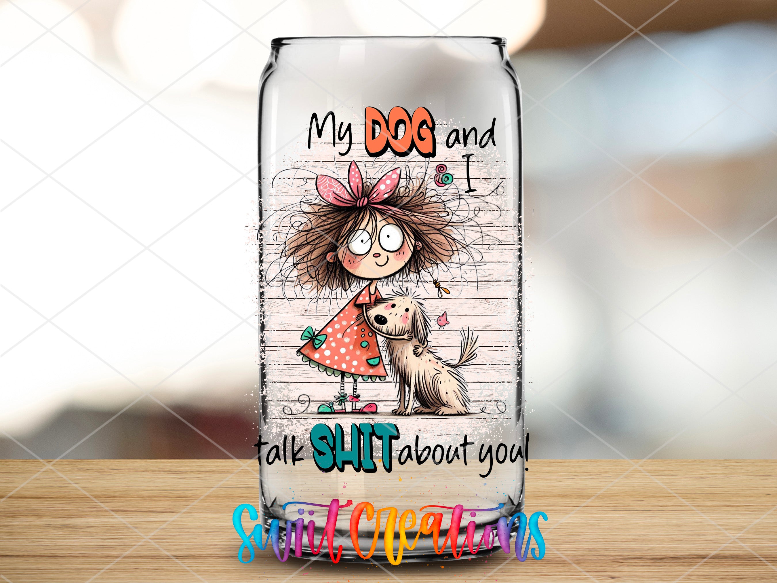 a glass jar with a picture of a girl and a dog on it