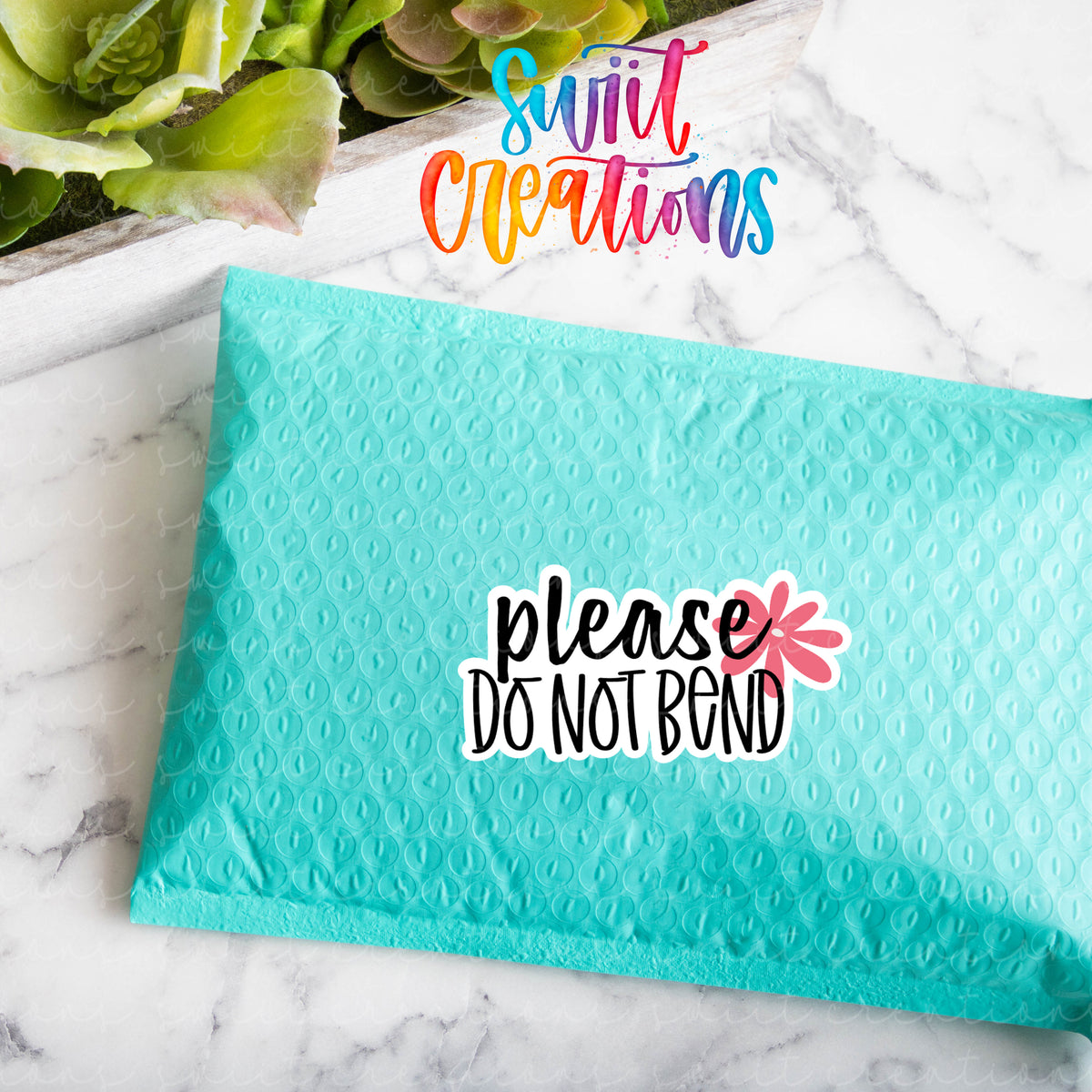 a blue bag that says please don't bend on it