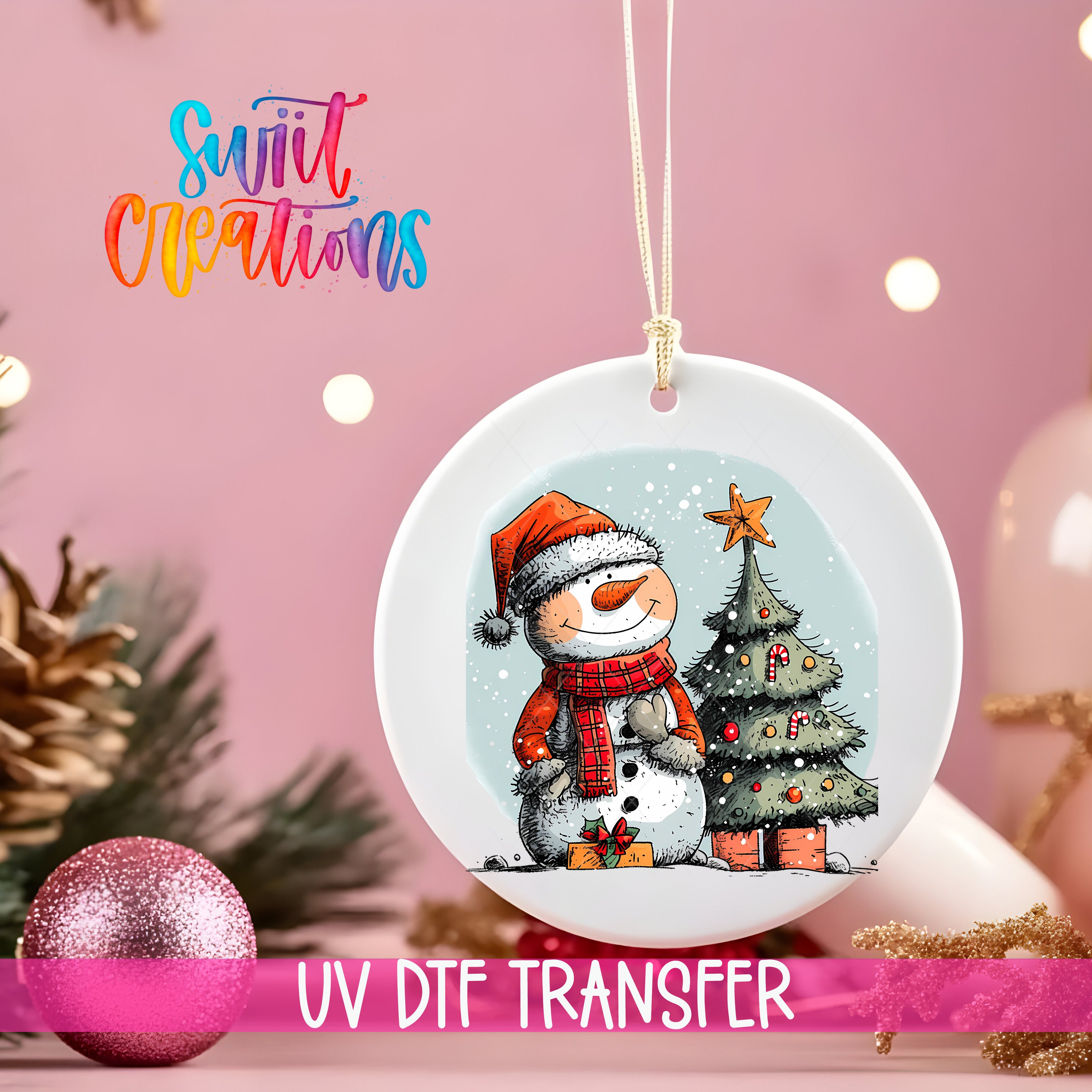 A white ceramic ornament featuring a snowman and a Christmas tree, with the text "UV Dtf Transfer" below it.