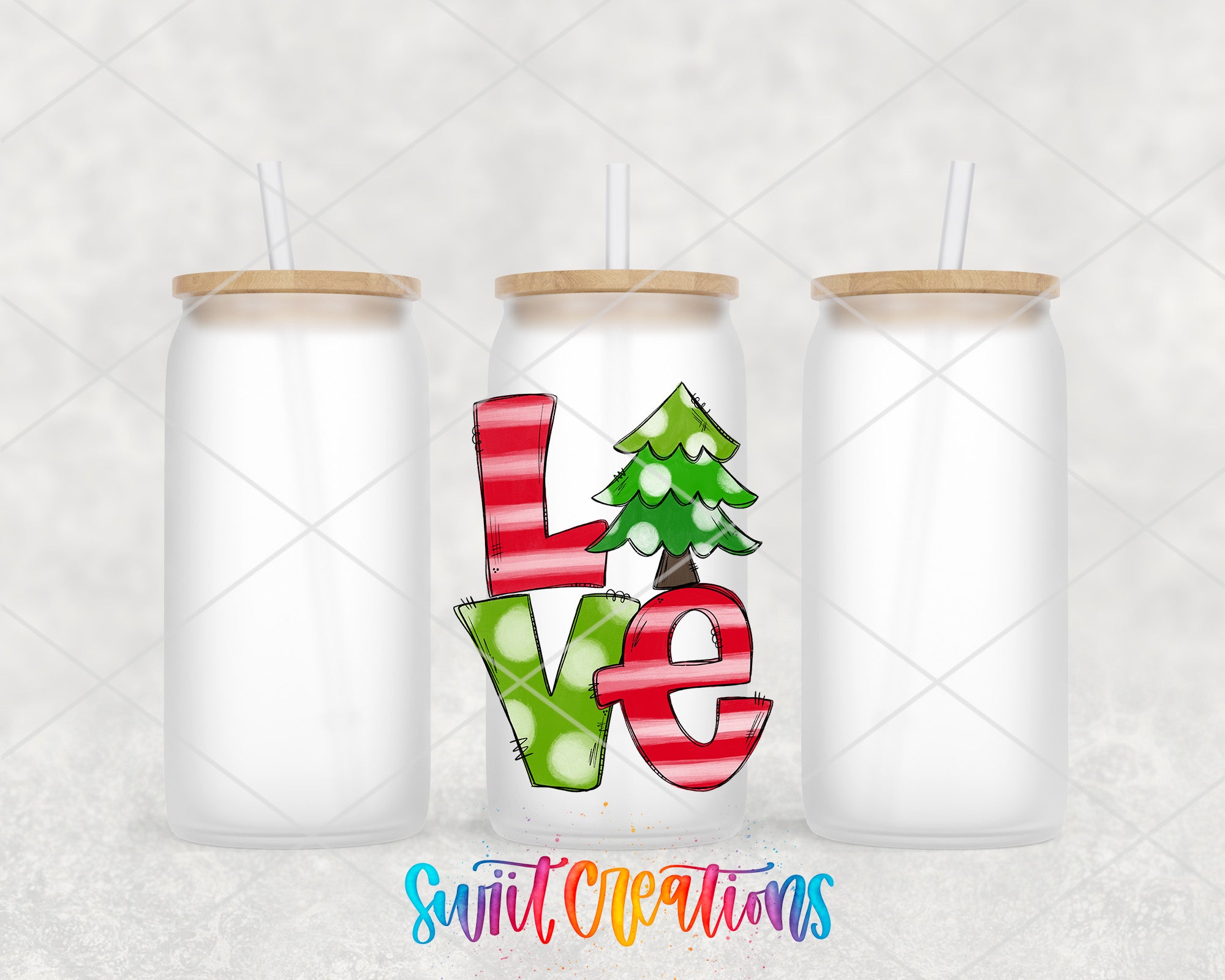 a couple of bottles with a christmas tree on them