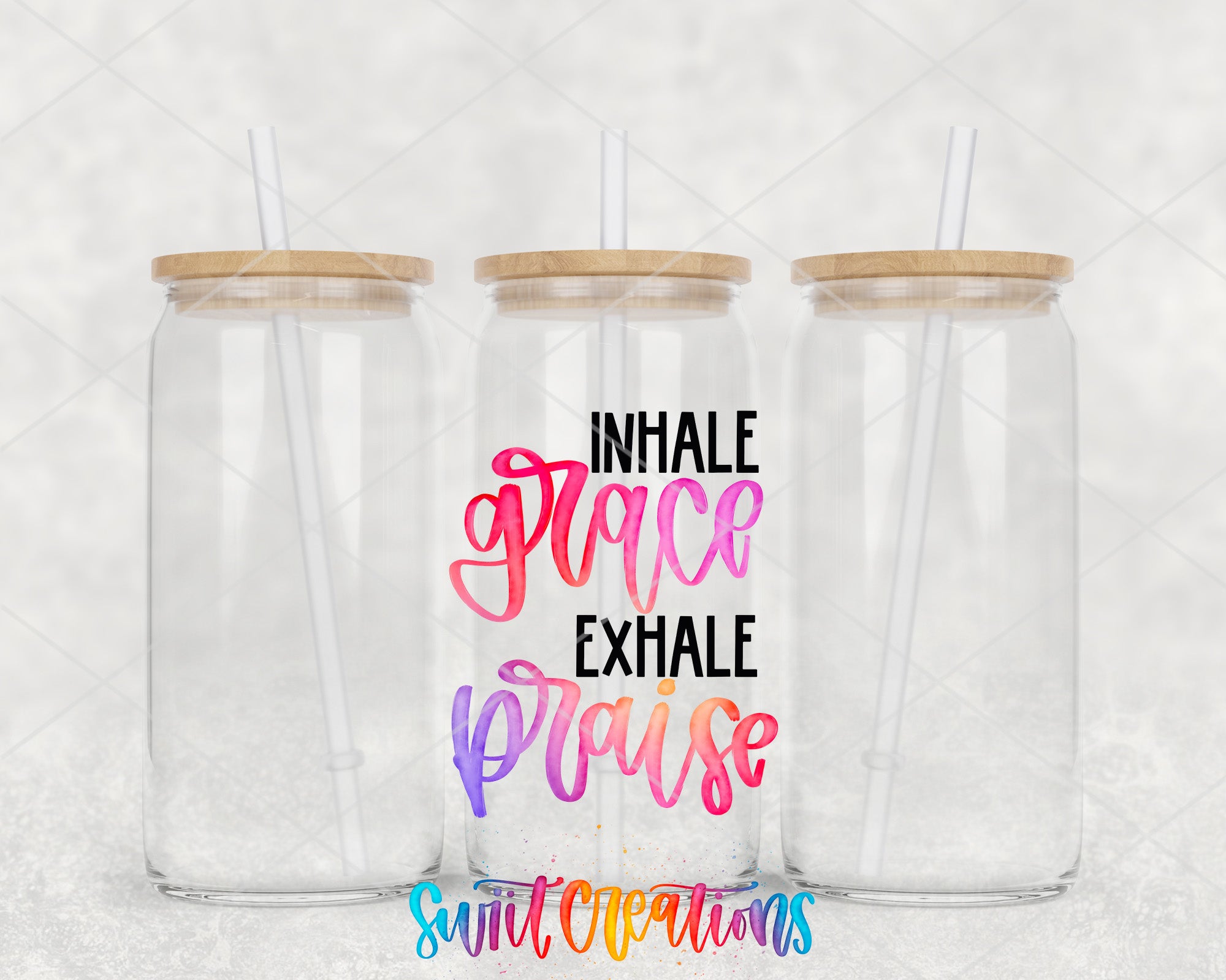 two clear tumblers with the words inhale peace exhale purpose