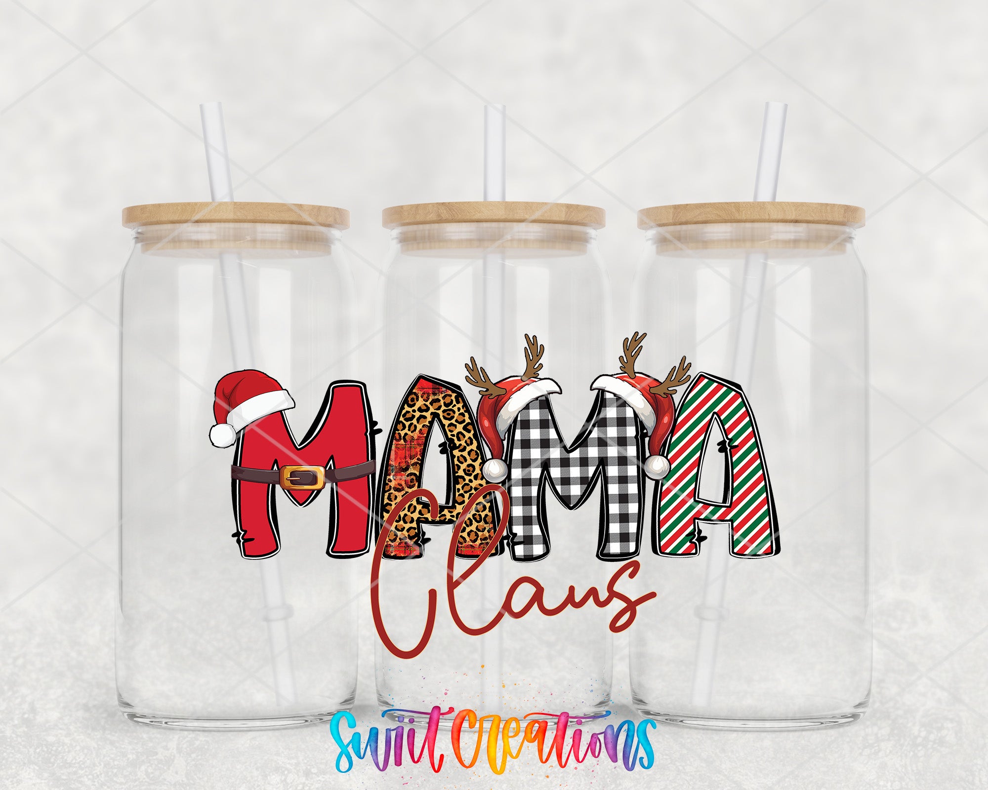 a couple of glass jars filled with christmas items