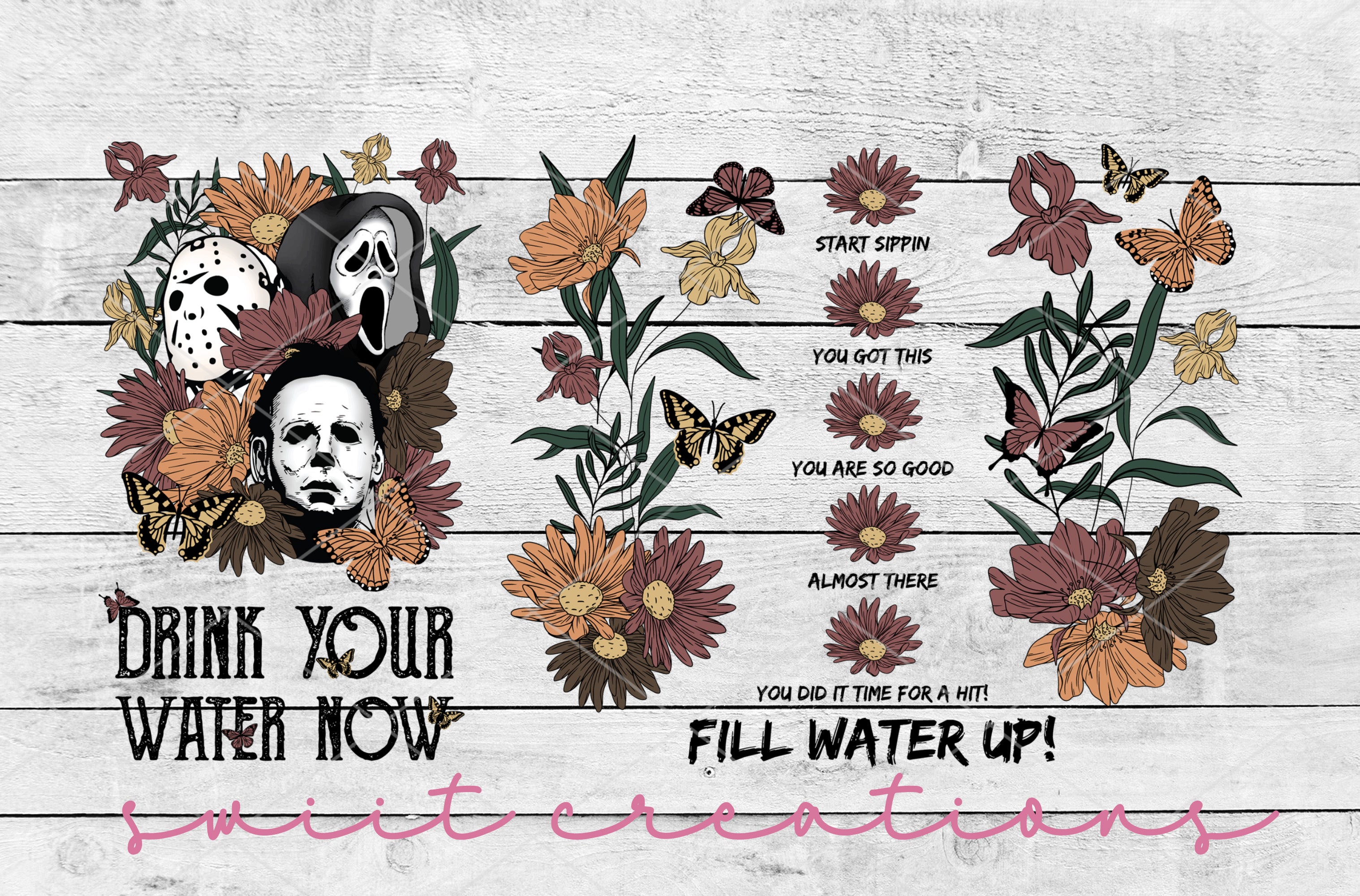 a wooden plank with flowers and skulls on it
