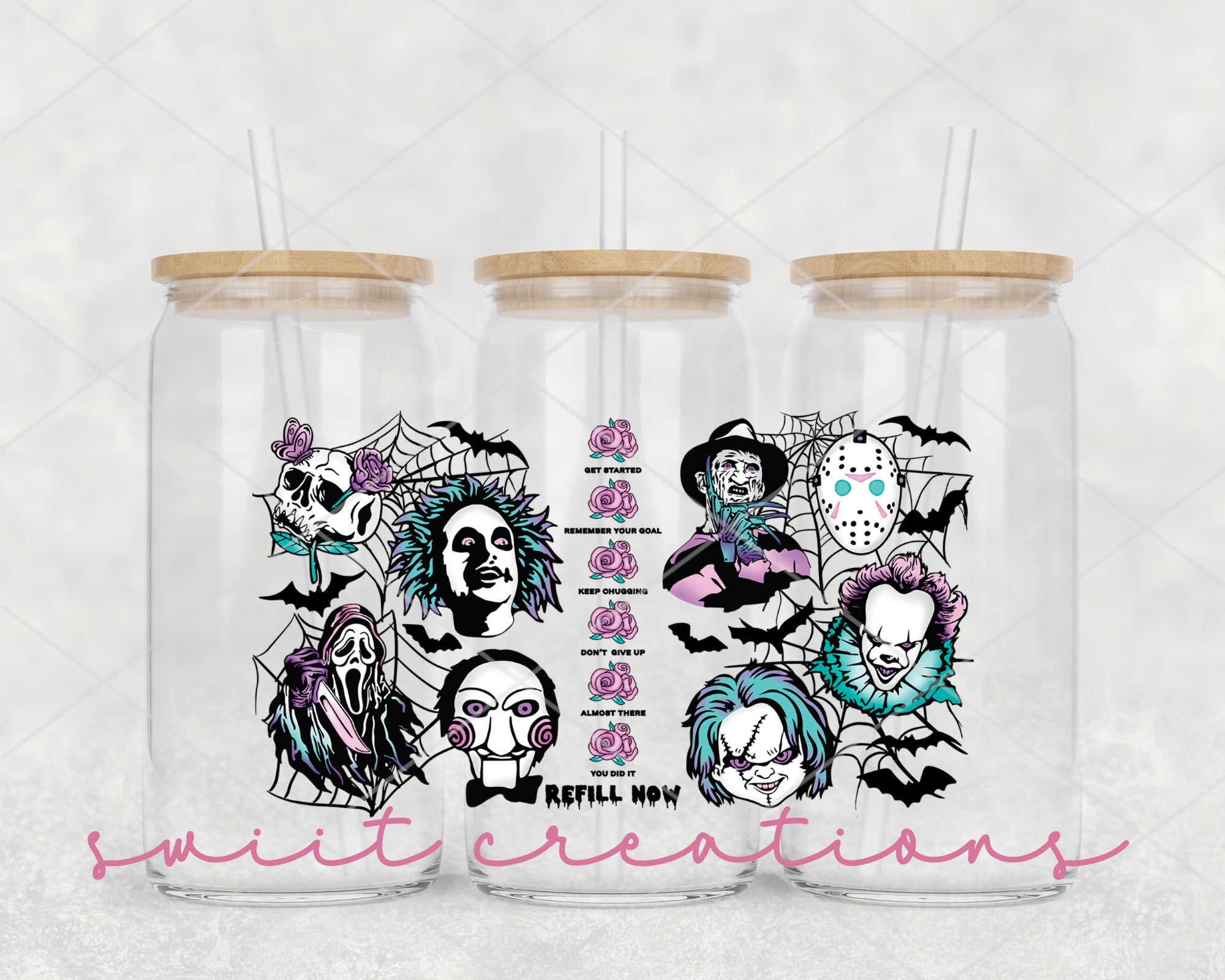 a couple of glasses with some stickers on them