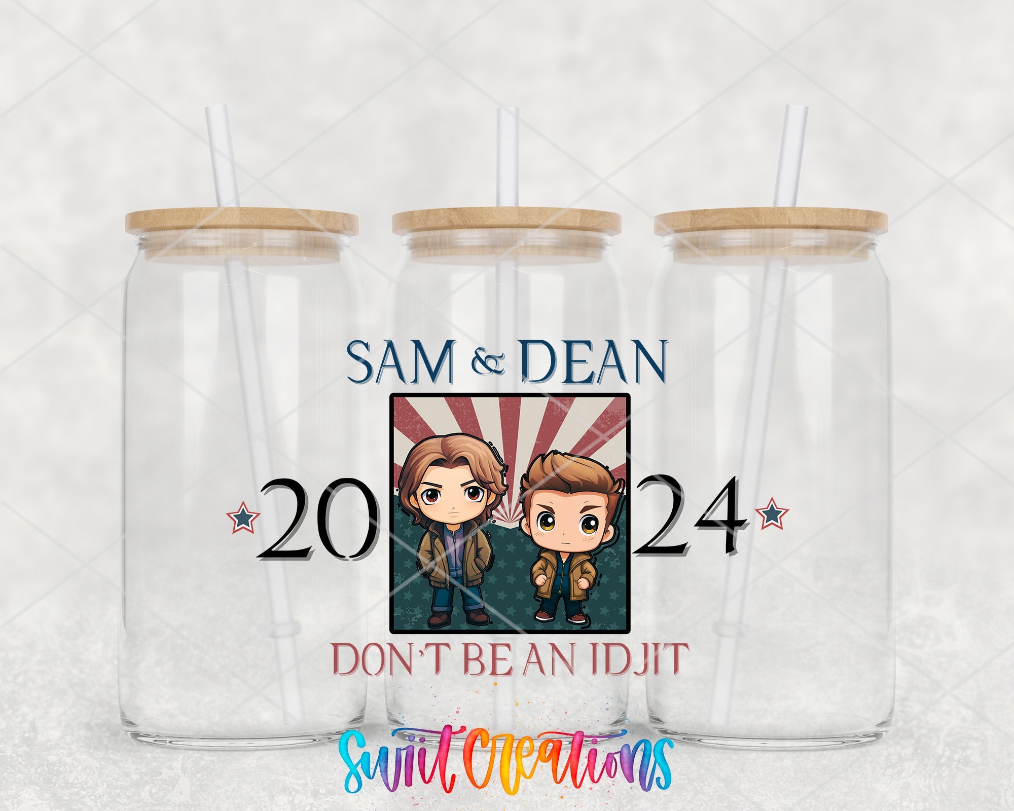 a couple of glasses with the same image on them