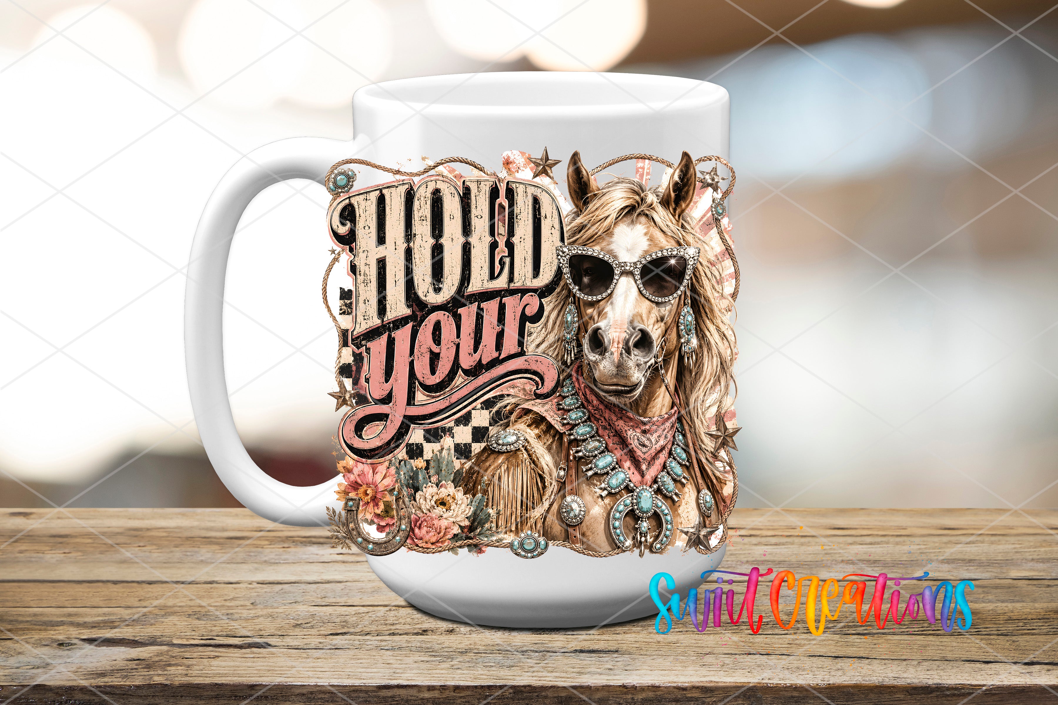 A white mug with a decorative design featuring a horse wearing sunglasses and a necklace.