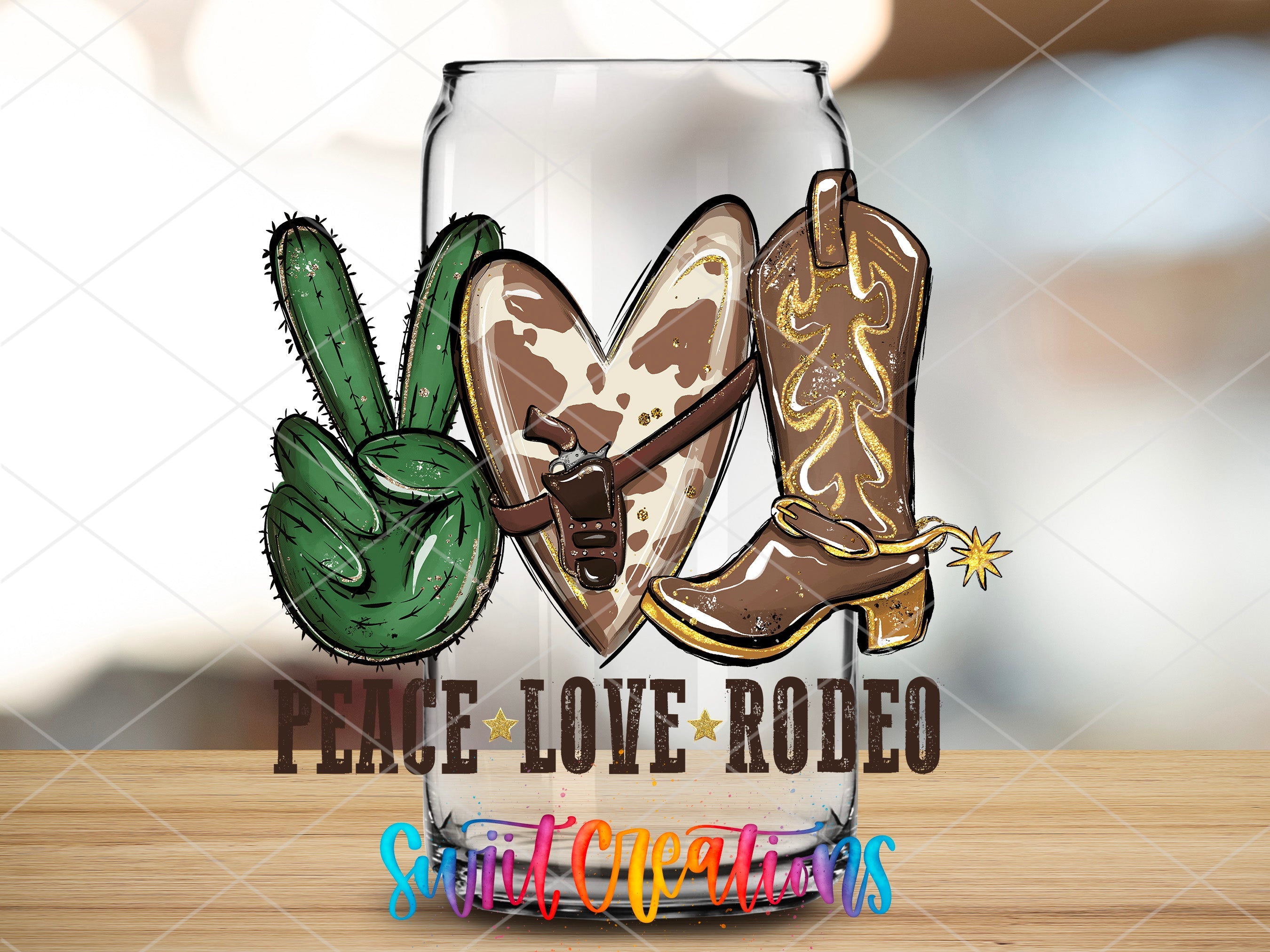 a glass with a picture of a pair of cowboy boots and a cactus