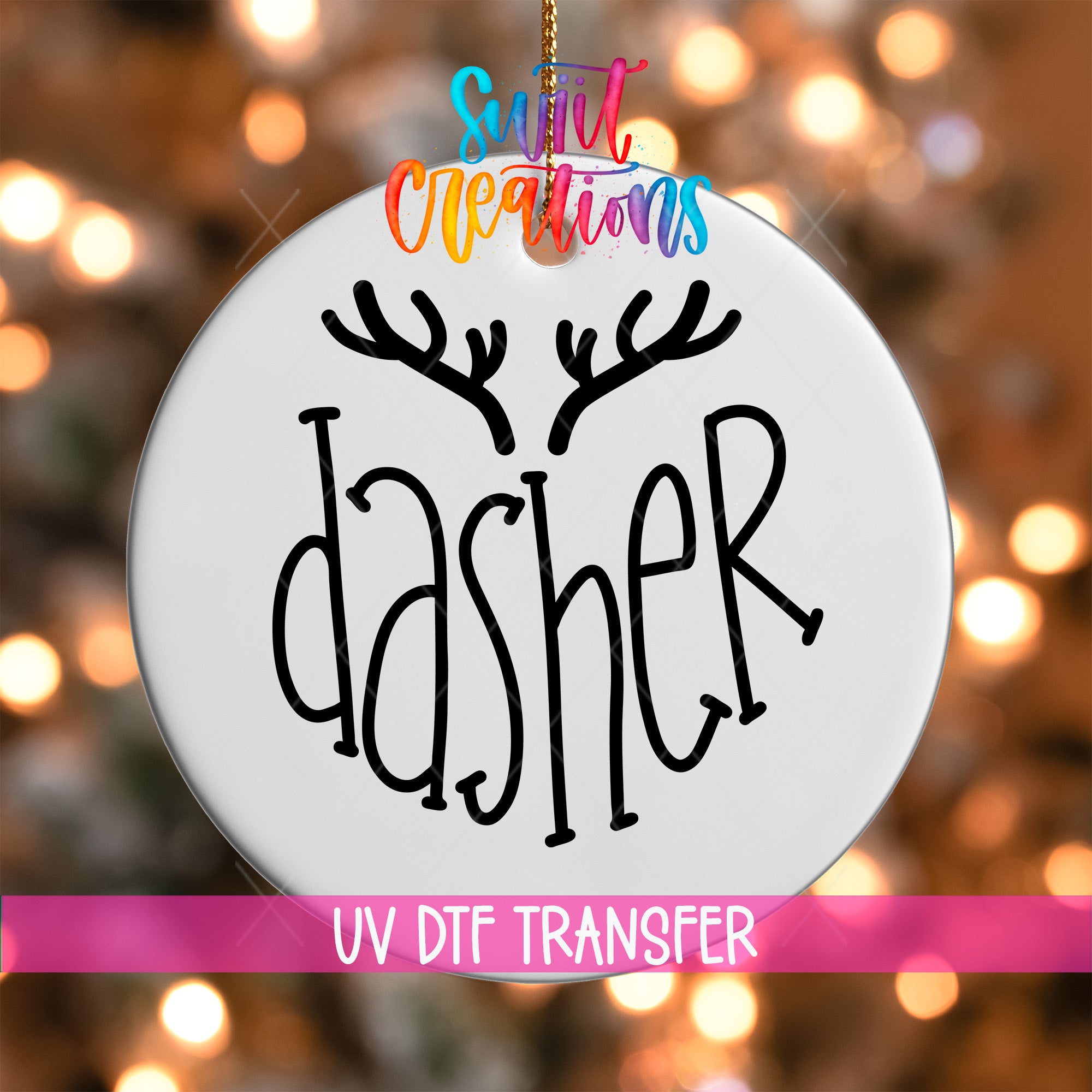 A white ornament with the word "dasher" written on it, hanging against a background of colorful lights.