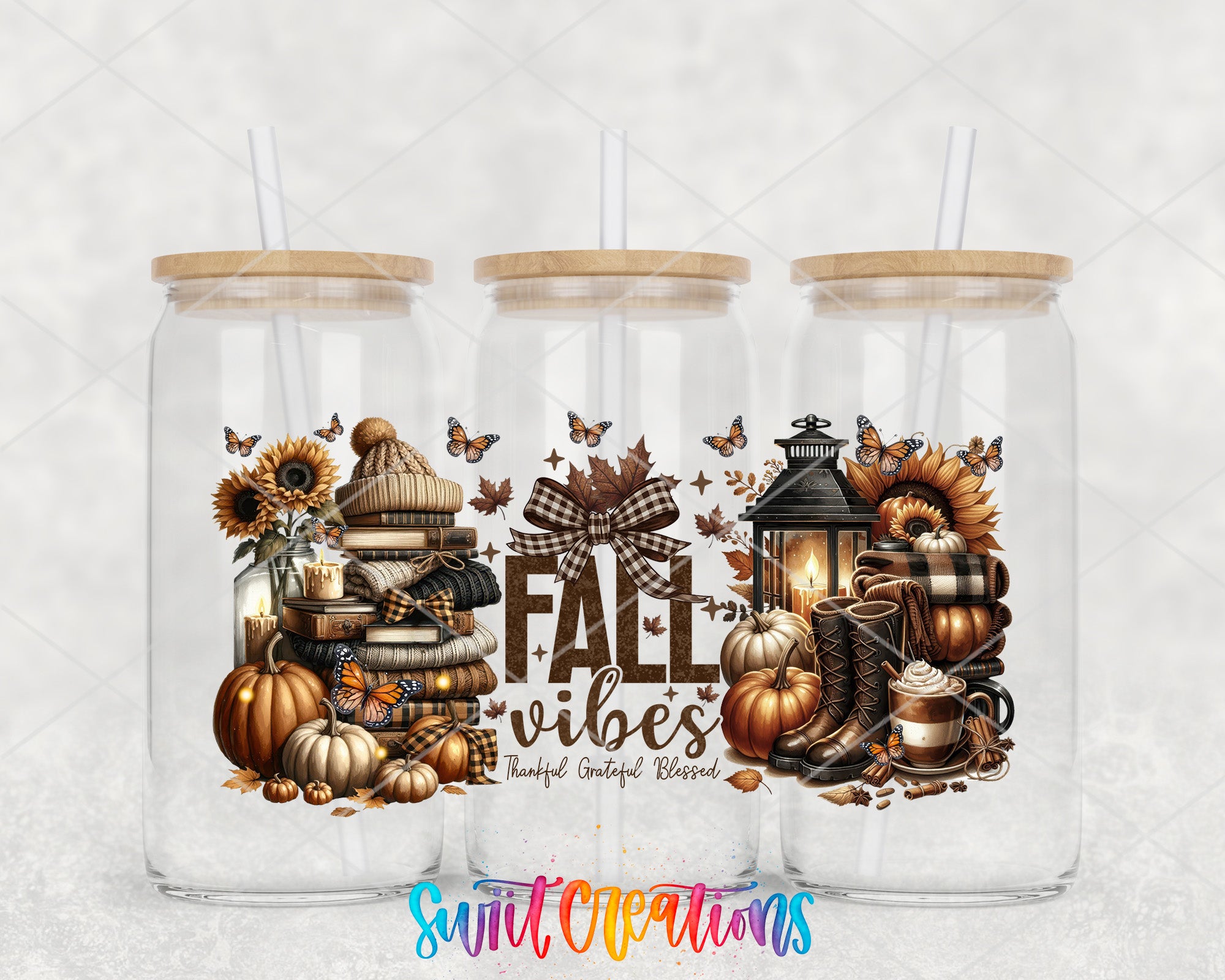 three glass jars with straws, each containing various fall-themed items such as pumpkins, sunflowers, and lanterns. The jars are arranged in a row, and the text "FALL VIBES" is prominently displayed on the jars.