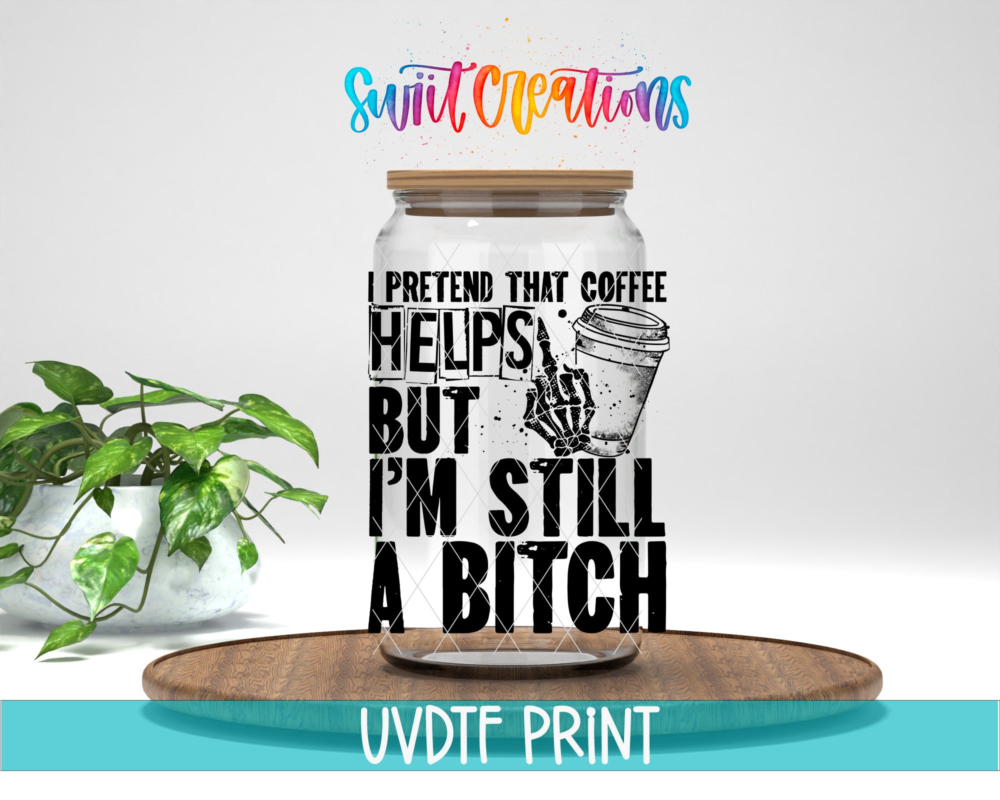 a jar with a printed text design on it, placed on a wooden surface.