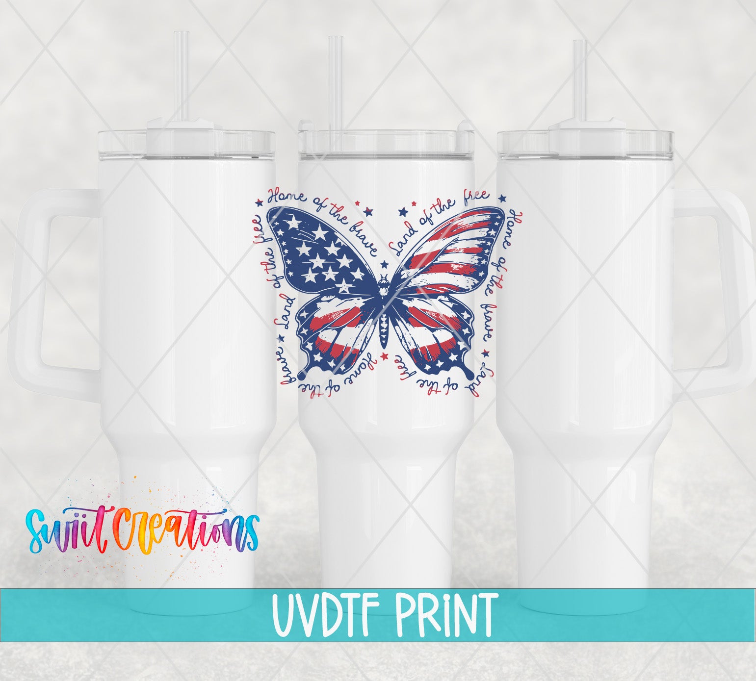 three white tumblers with a patriotic design of a butterfly and stars, along with the text "Home of the free" and "Land of the free" printed on them.