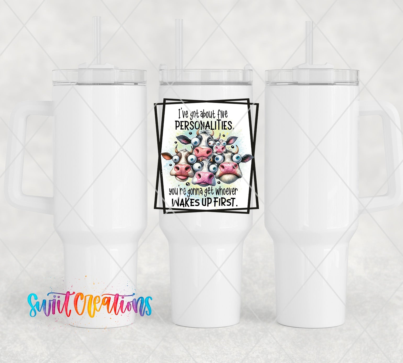 two white tumblers with a picture of cows on them