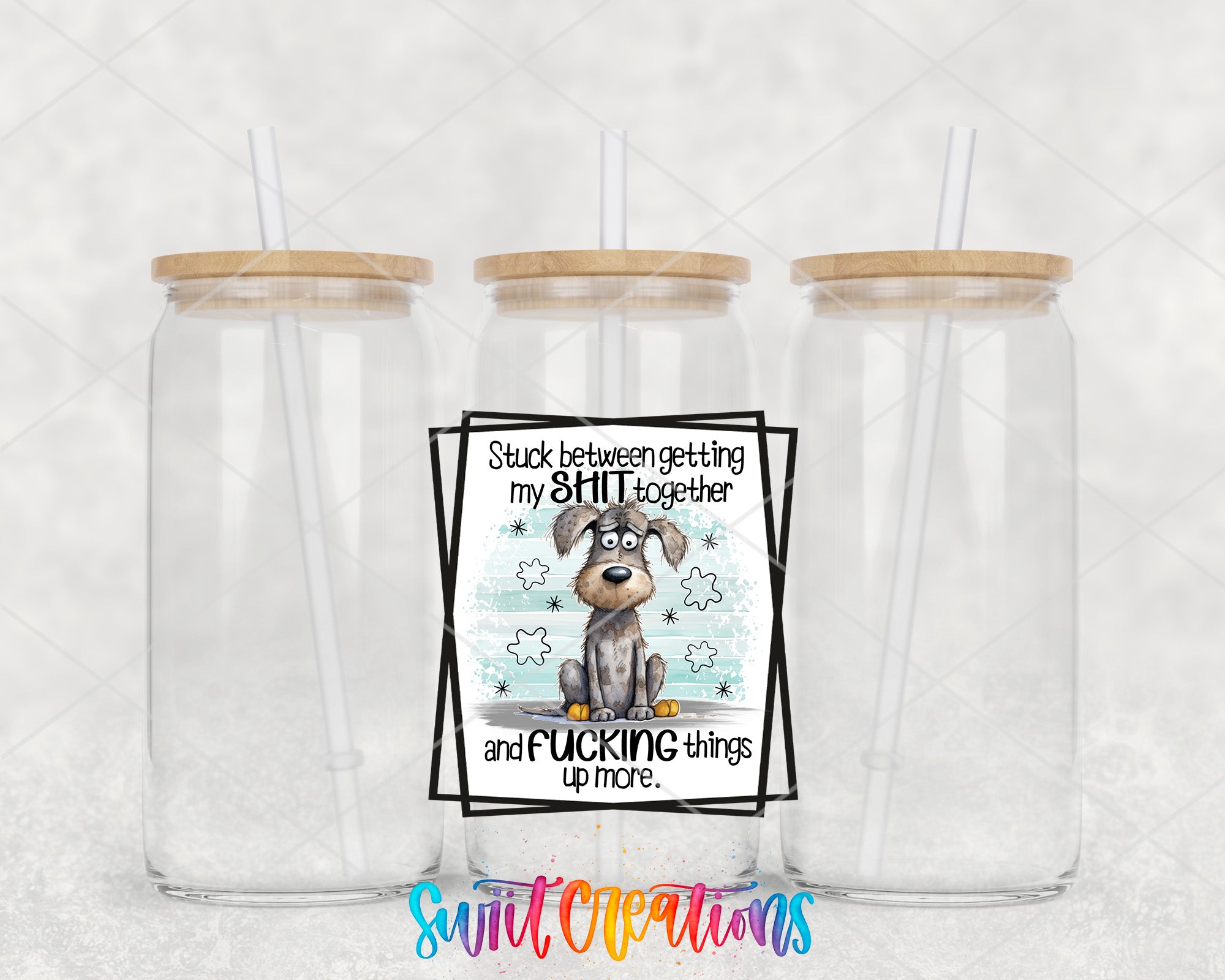 a couple of clear cups with a dog on them