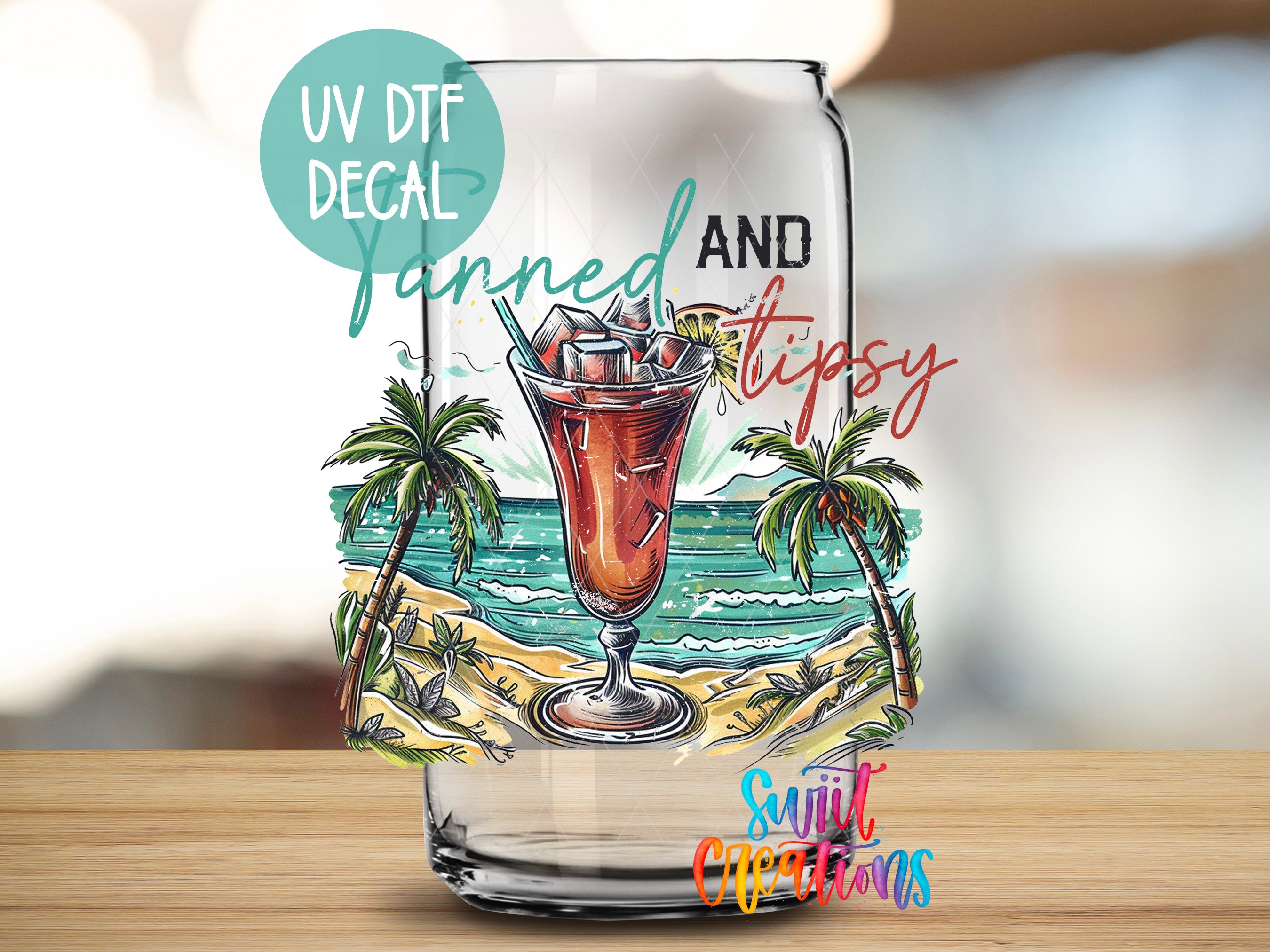 a glass with a picture of a drink on it