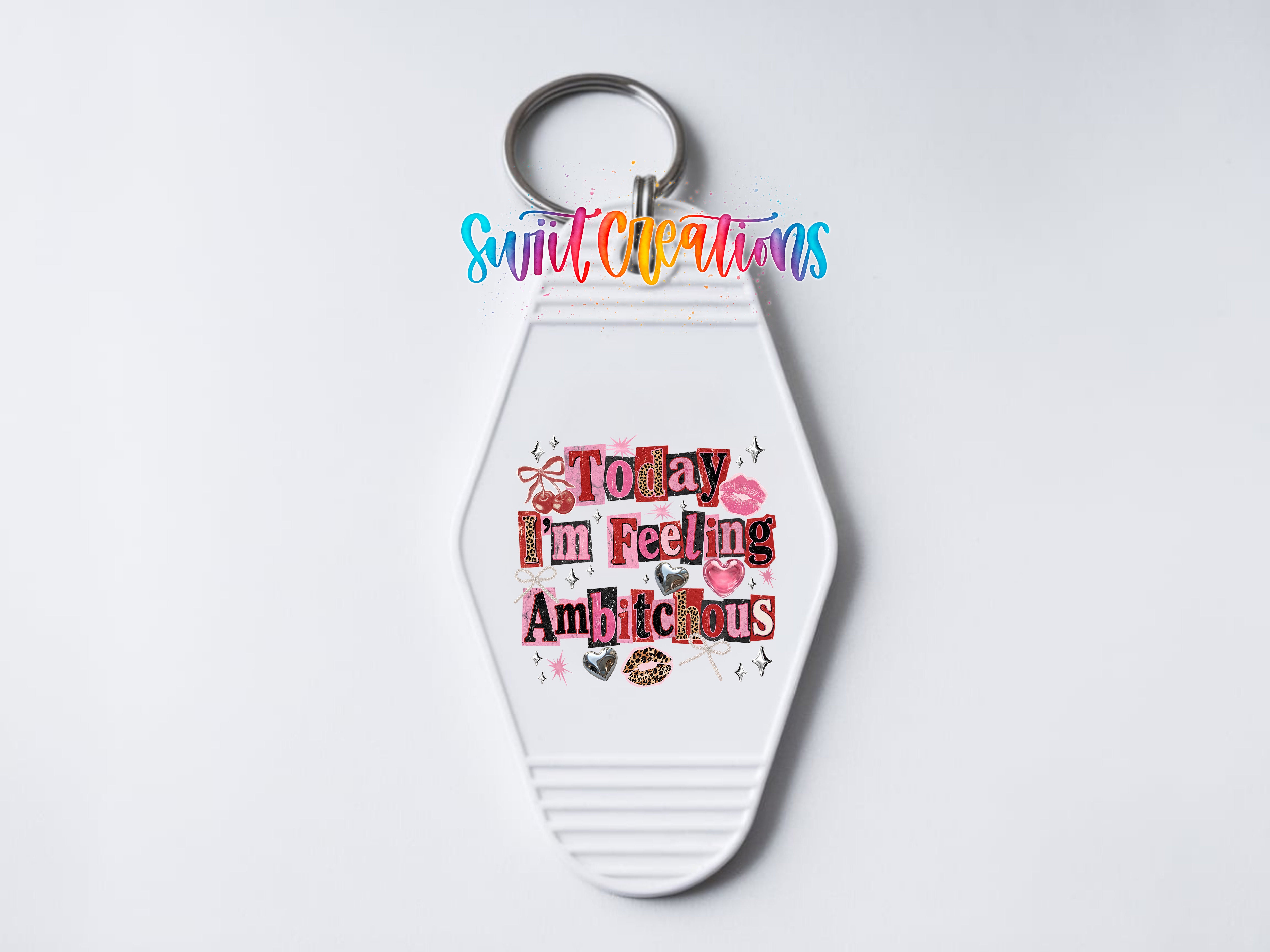 A keychain with a colorful design and text on it.