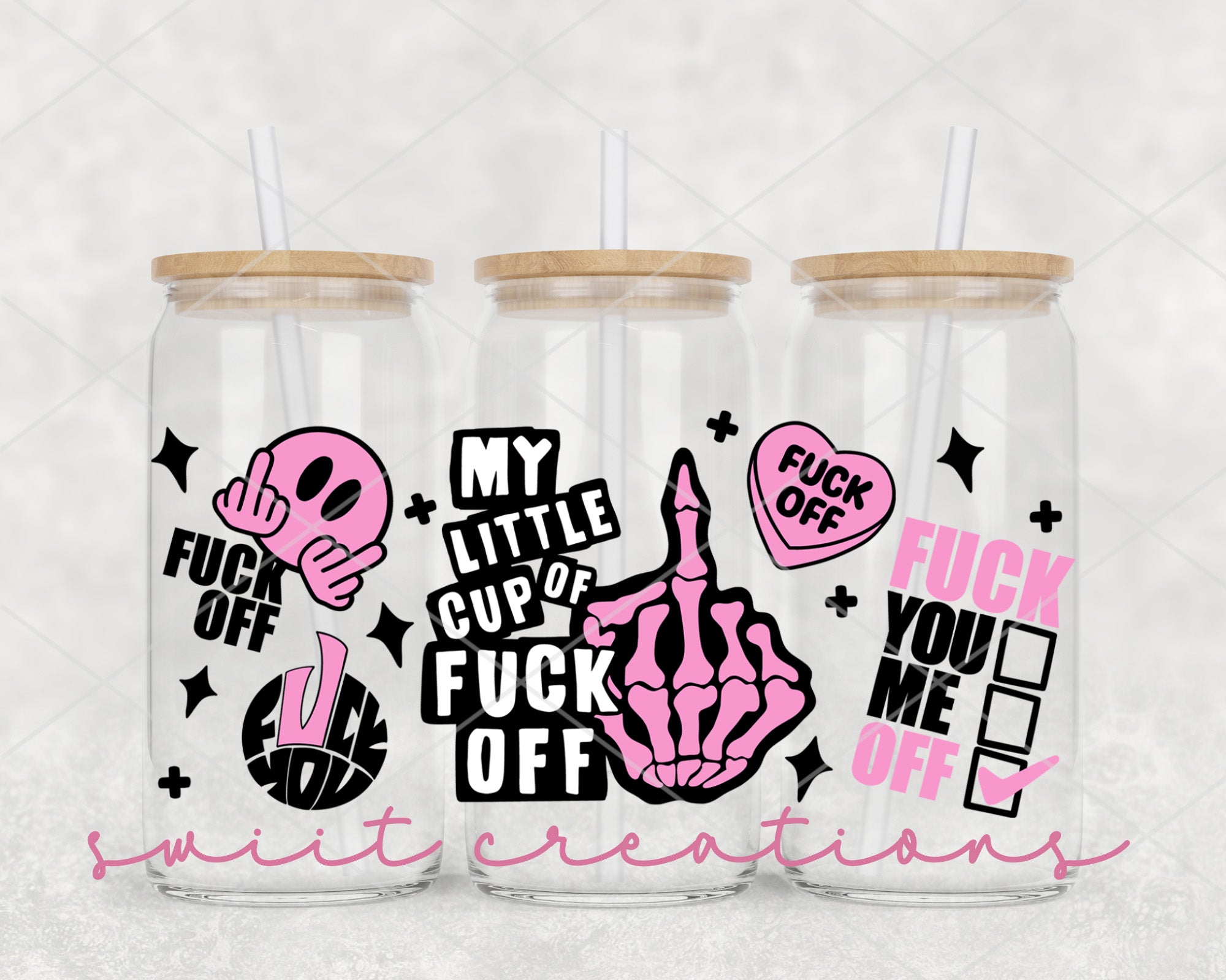 a couple of cups with stickers on them