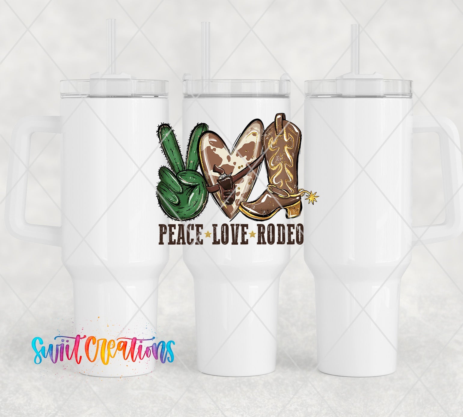 a pair of white coffee mugs with cowboy boots and peace love rodeo on them