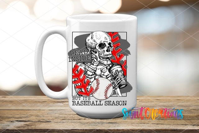 a white coffee mug with a skeleton holding a baseball