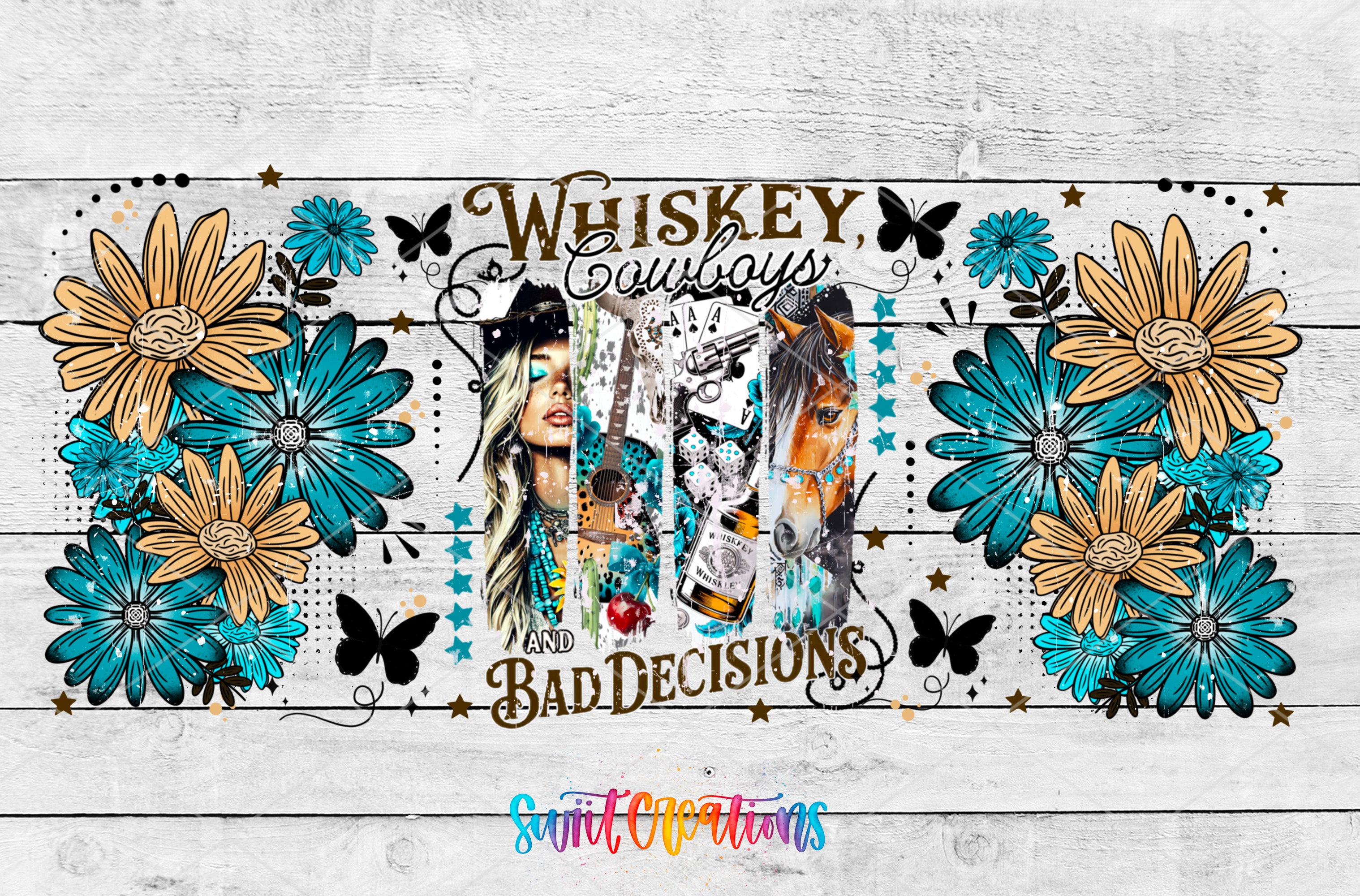 The image is a collage featuring a woman's face surrounded by various floral and butterfly designs, with the text "Whiskey Cowboys and Bad Decisions" prominently displayed.