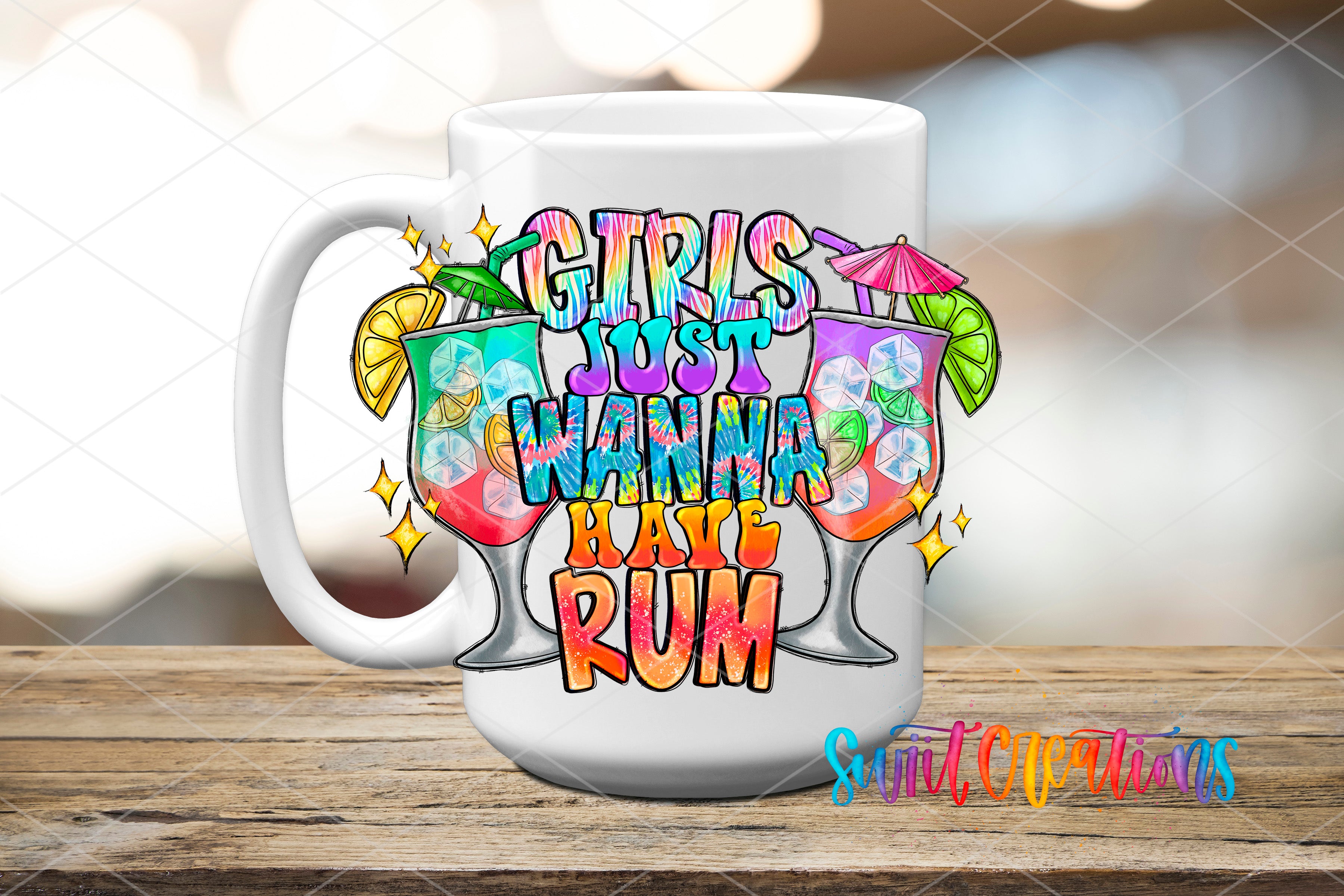 A white mug with a colorful graphic design featuring a message that says "GIRLS JUST WANNA HAVE RUM" along with illustrations of drinks and a palm tree.