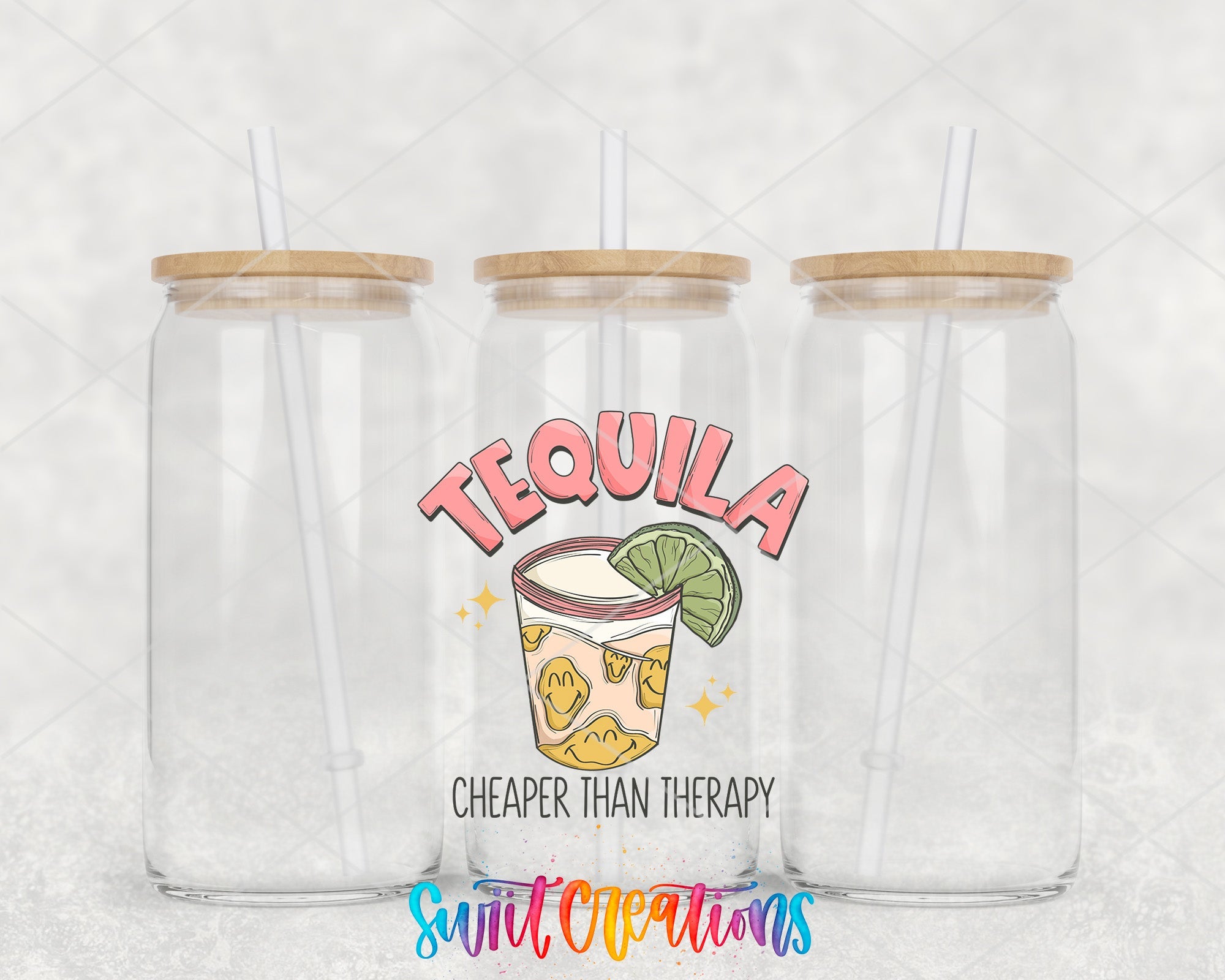 two plastic cups with straws and a lime slice