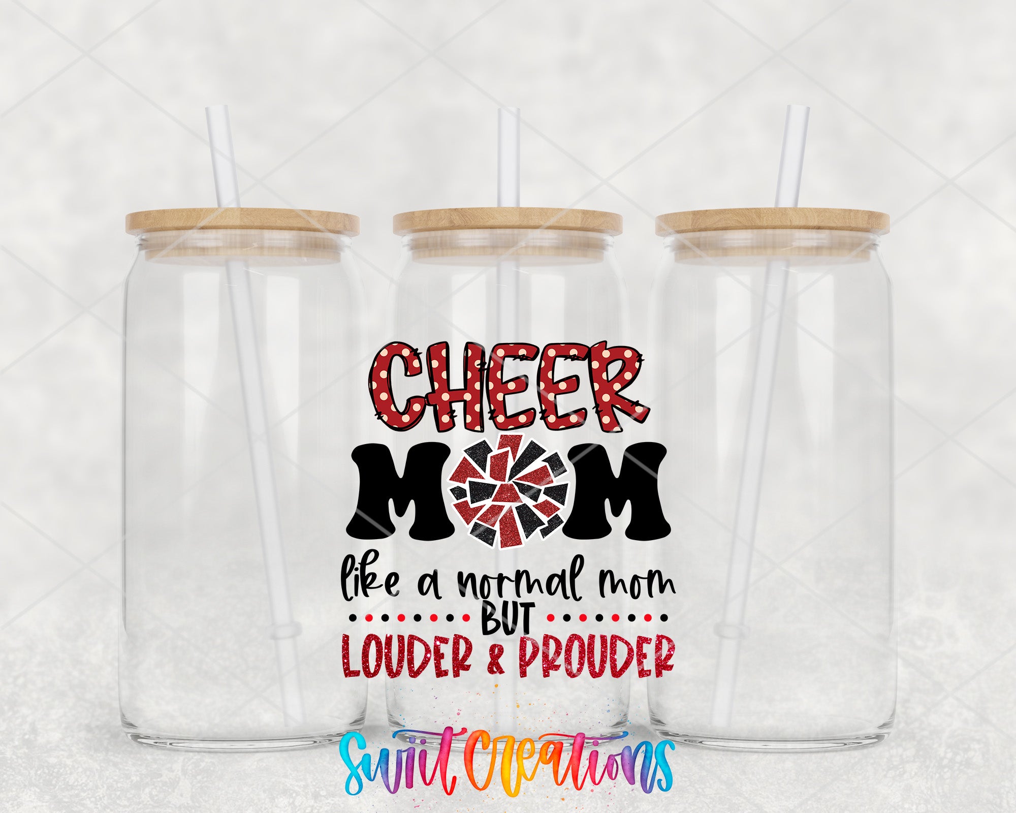two clear tumblers with the words cheer mom on them