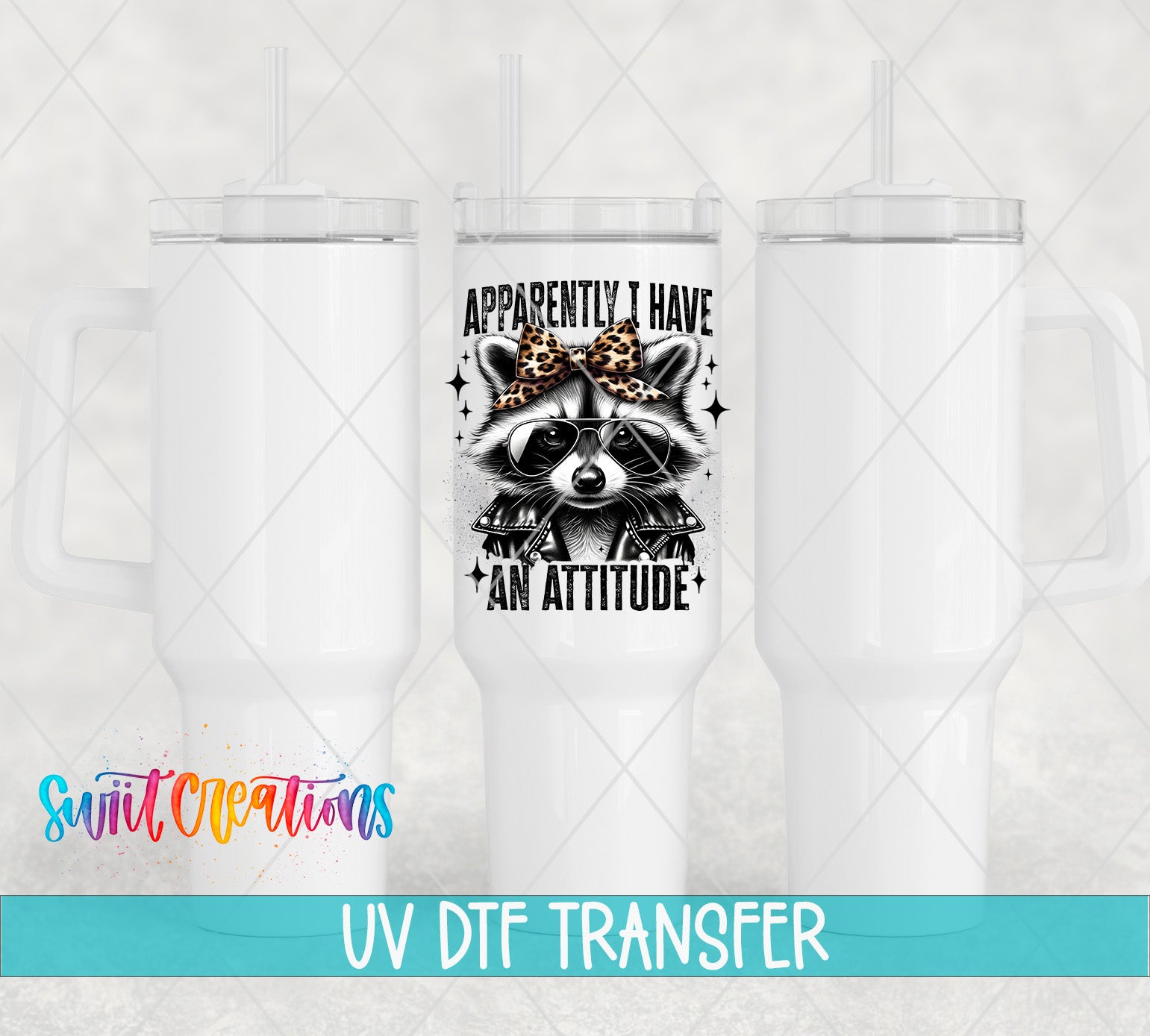 a white ceramic mug with a raccoon design and text that says "Approximately I HAVE AN ATTITUDE".