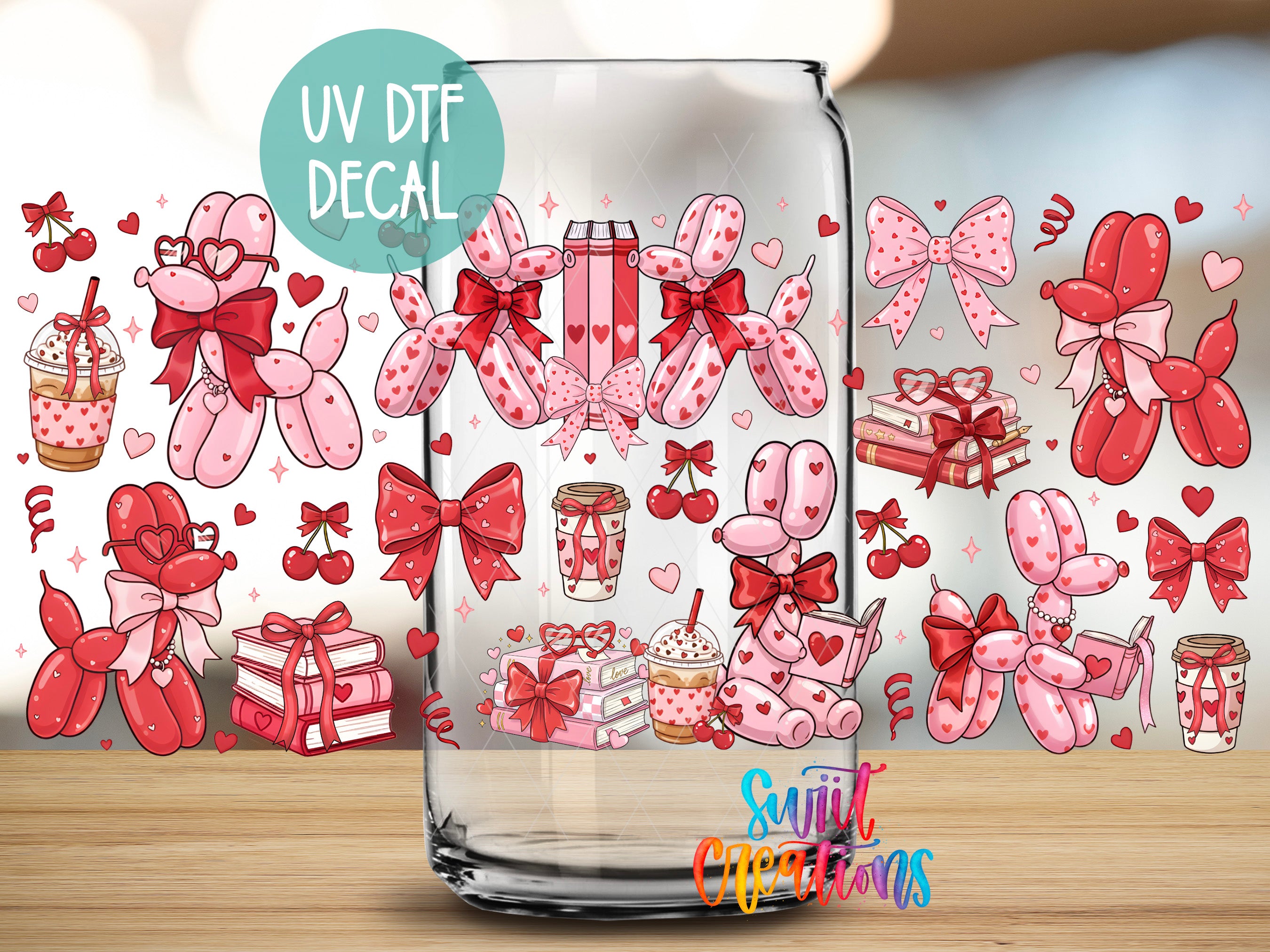 a glass jar filled with various pink and red balloons, ribbons, and other decorative elements, such as hearts and presents, creating a festive and whimsical atmosphere.