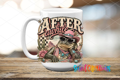 After Awhile Crocodile Western Glam UV DTF transfer displayed on a white ceramic mug from Swiit Creations