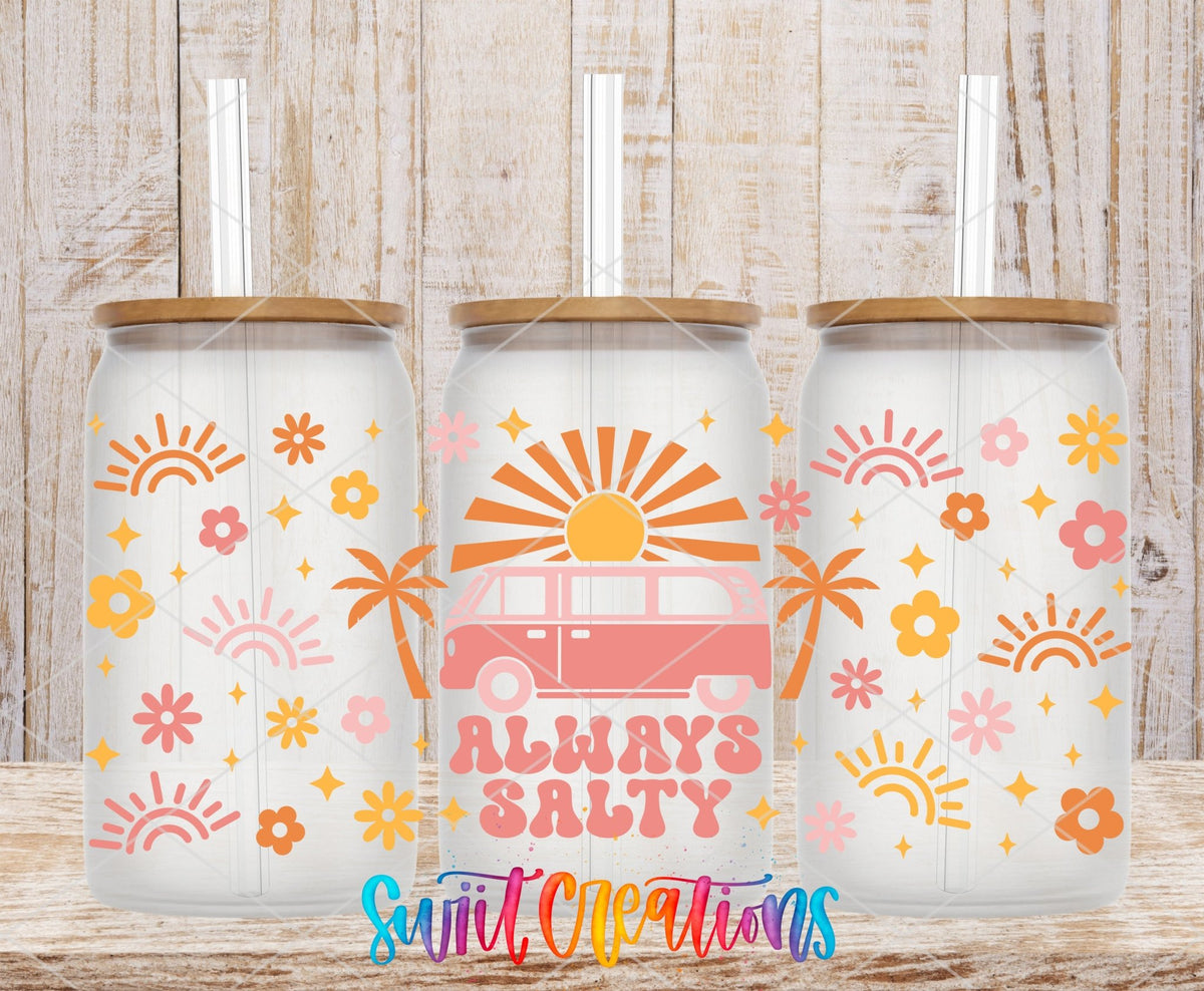 Always Salty UV DTF full wrap on three clear glass cans with bamboo lids