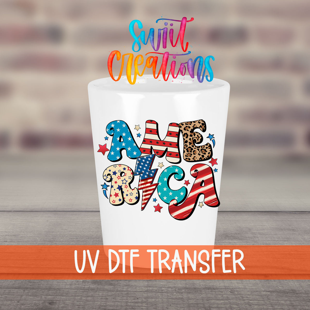 America UV DTF transfer on a white shot glass in front of a brick wall