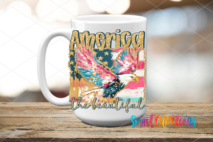 America the Beautiful UV DTF transfer on a white ceramic coffee mug