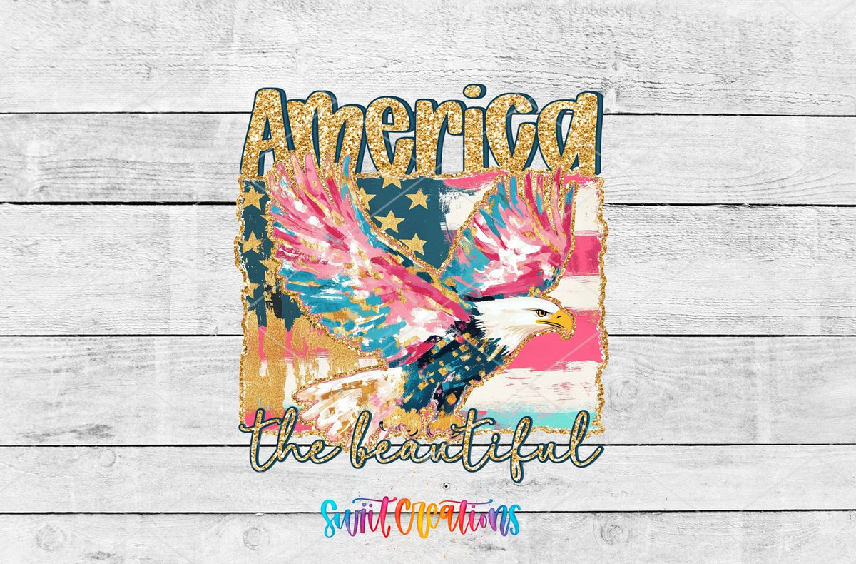 America the Beautiful UV DTF transfer artwork on a white wood background