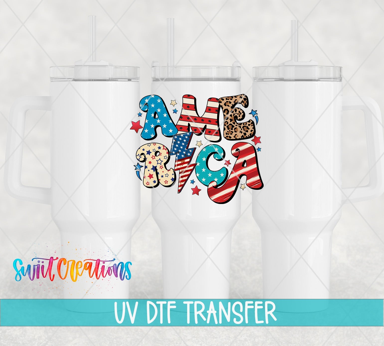 Swiit Creations UV DTF American Flag Patriotic transfer shown on a white tumbler set